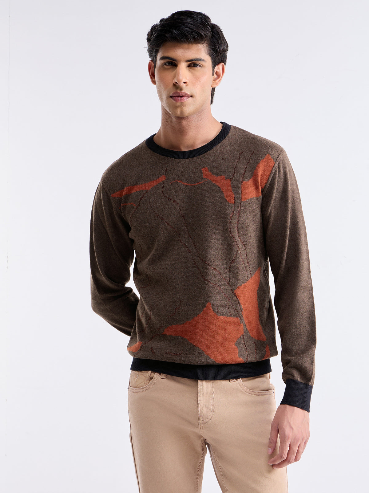 Jacquard Full Sleeve Crew Neck Sweater - Brown Mel t4option_0