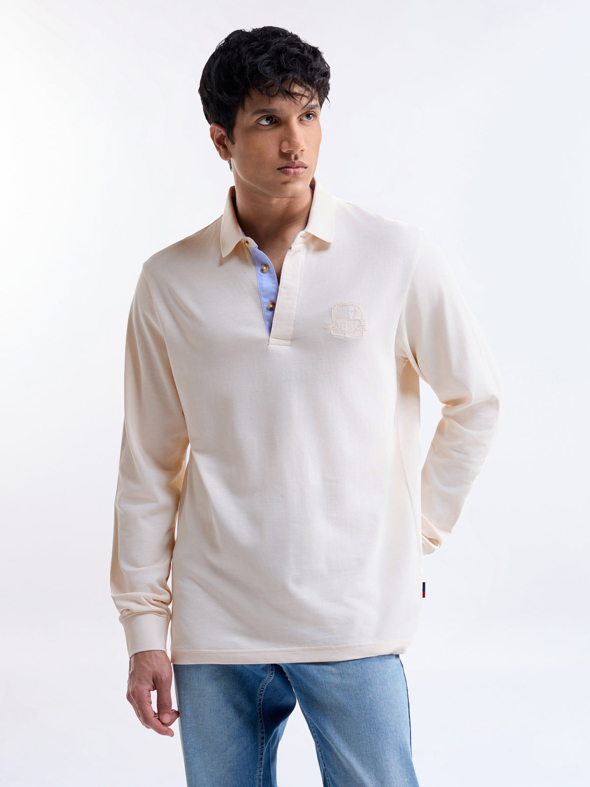 Solid Full Sleeve Regular Fit Polo T-Shirt - Lt Cream t4option_0