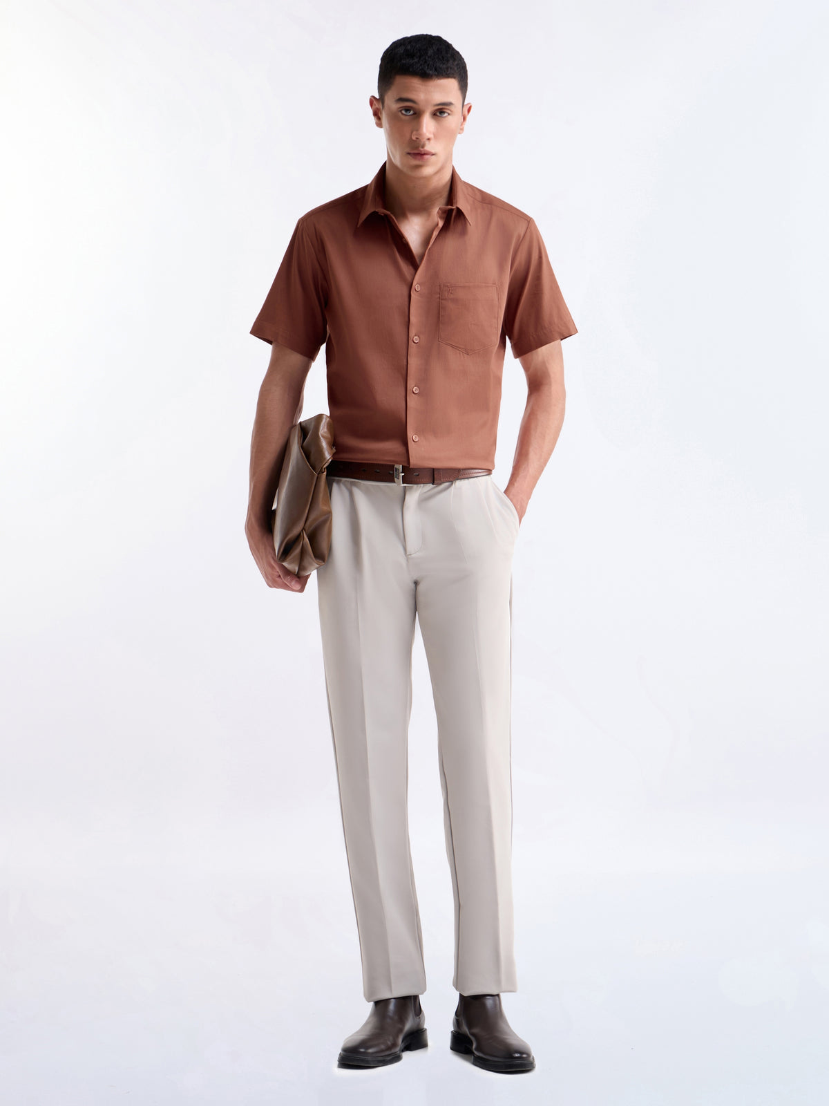 Solid Half Sleeve Cotton Stretch Shirt - Rust t4option_6