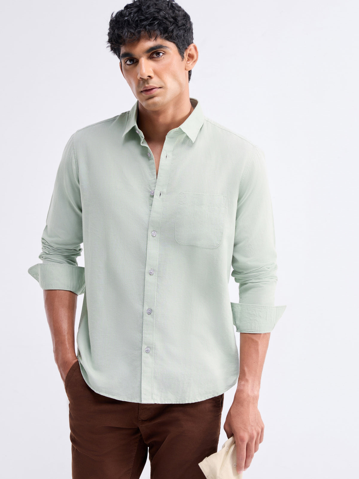Solid Full Sleeve Cotton Blend Shirt - Slate t4option_1