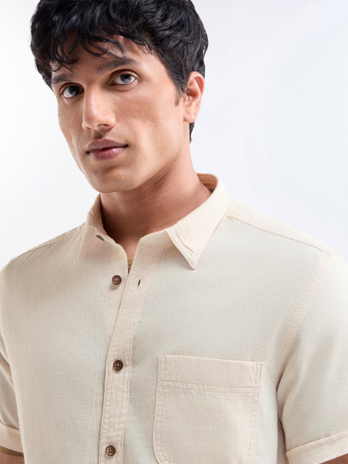 Solid Half Sleeve Cotton Shirt - Ecru t4option_0