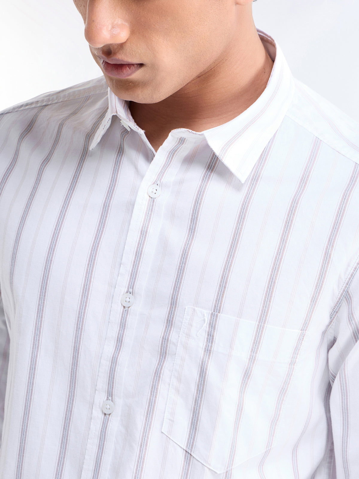 Striped Full Sleeve Cotton Shirt - Khaki t4option_0