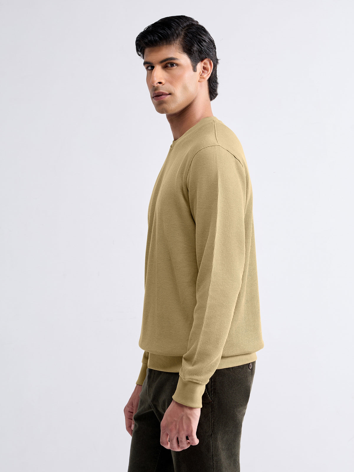 Textured Crew Neck Sweatshirt - Light Tan t4option_0