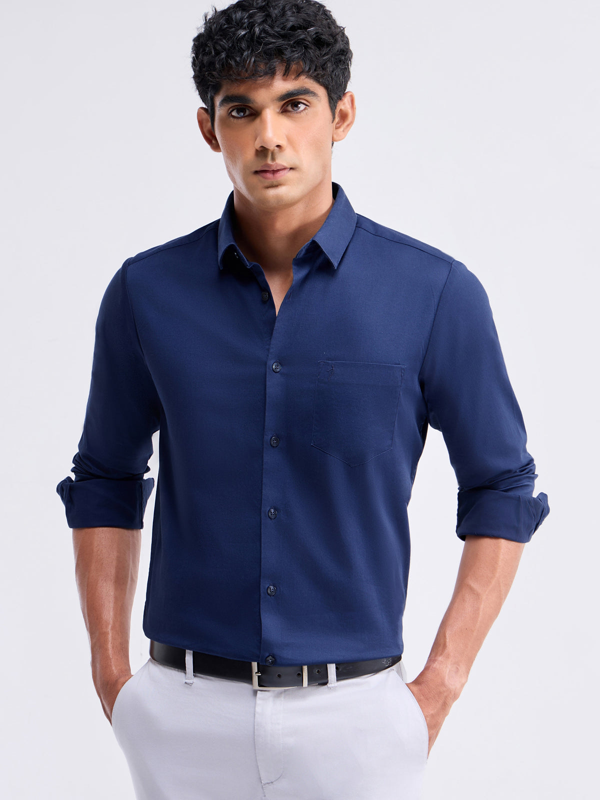 Solid Full Sleeve Cotton Stretch Shirt - Navy t4option_5