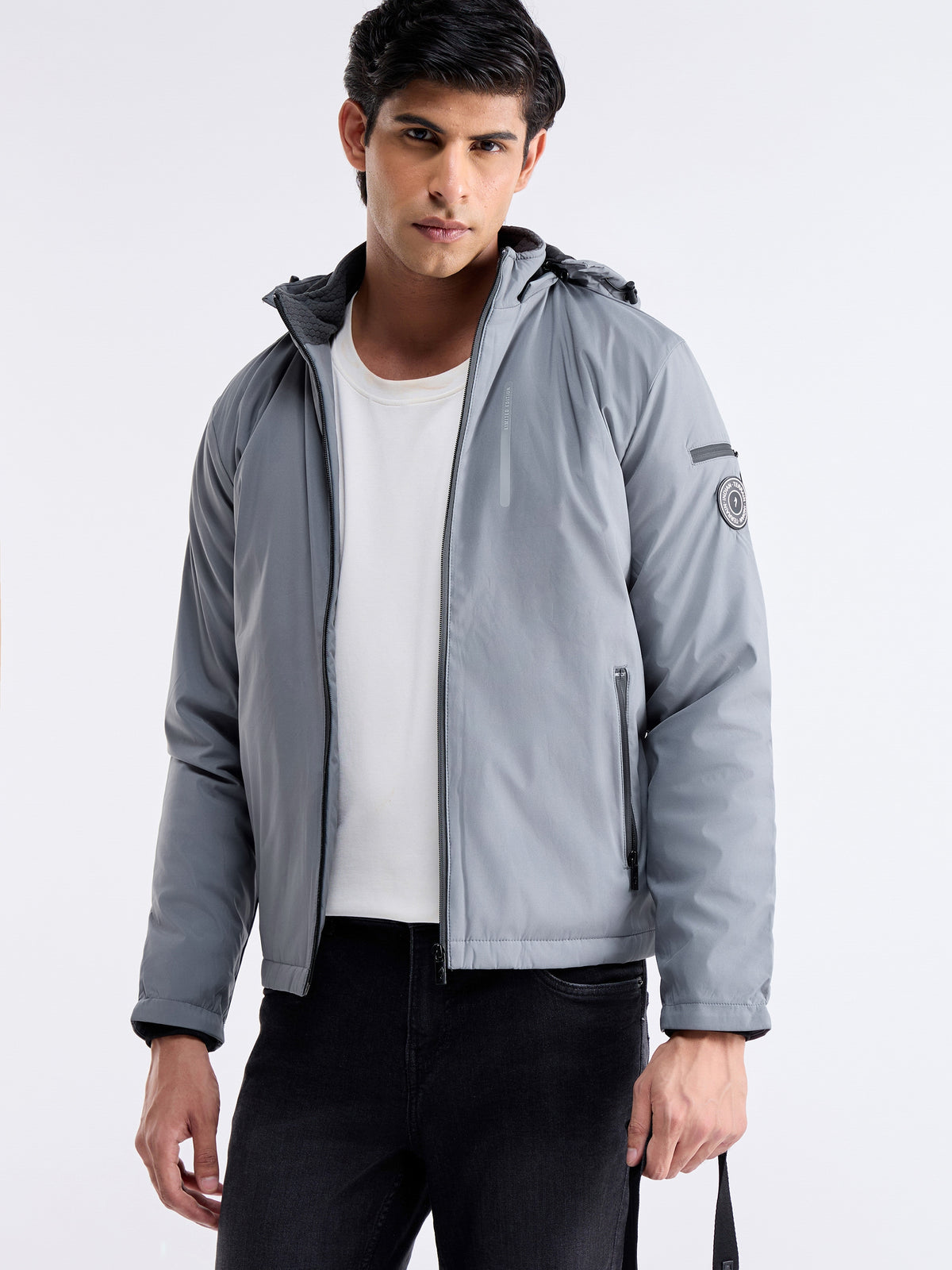 Solid Full Sleeve Biker Jacket - Grey t4option_0