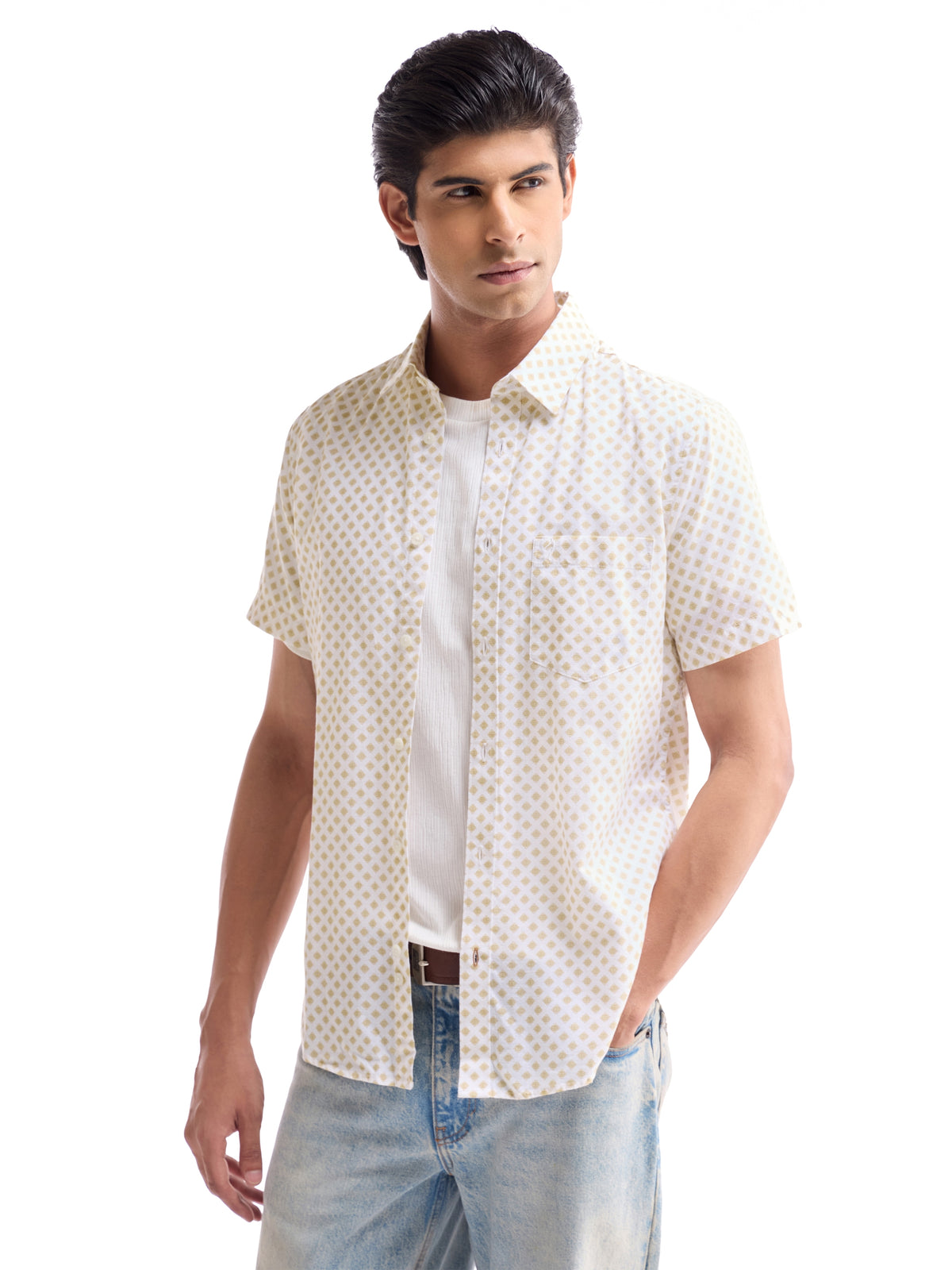 Printed Half Sleeve Cotton Shirt - Khaki t4option_0