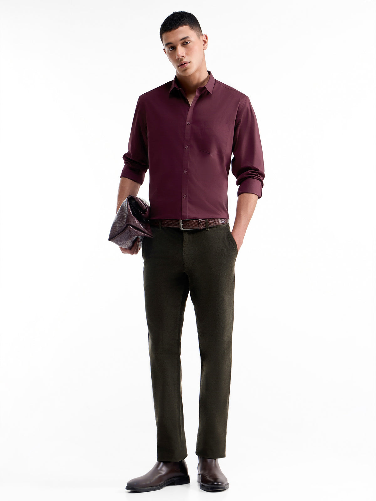 Solid Full Sleeve Cotton Stretch Shirt - Burgundy t4option_0