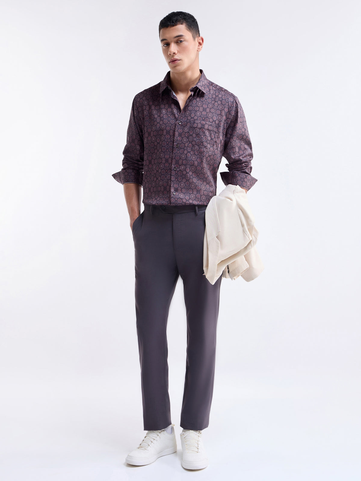 Printed Full Sleeve Cotton Shirt - Wine t4option_1