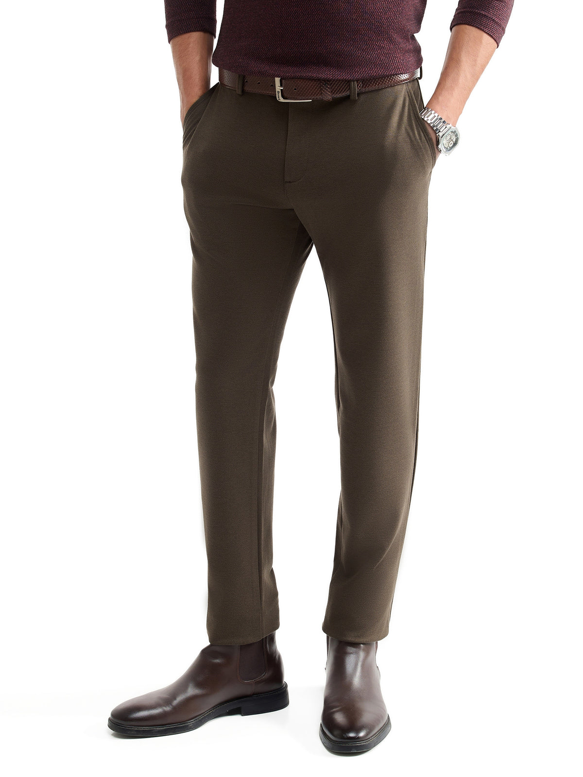 Yarn-Dyed Slim Comfort Fit Poly Viscose Trouser - Olive t4option_0