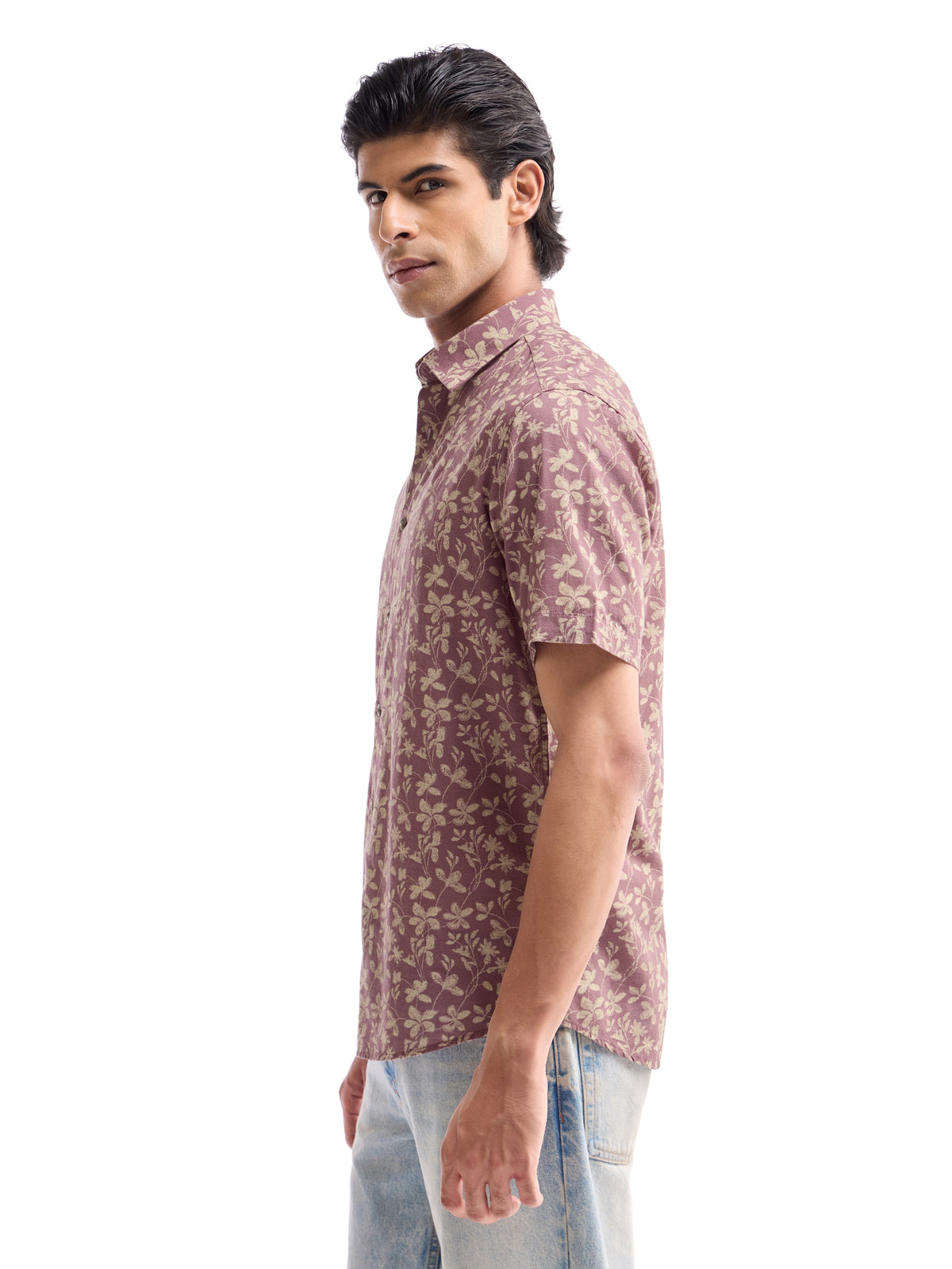 Printed Half Sleeve Cotton Linen Shirt - Mauve t4option_0