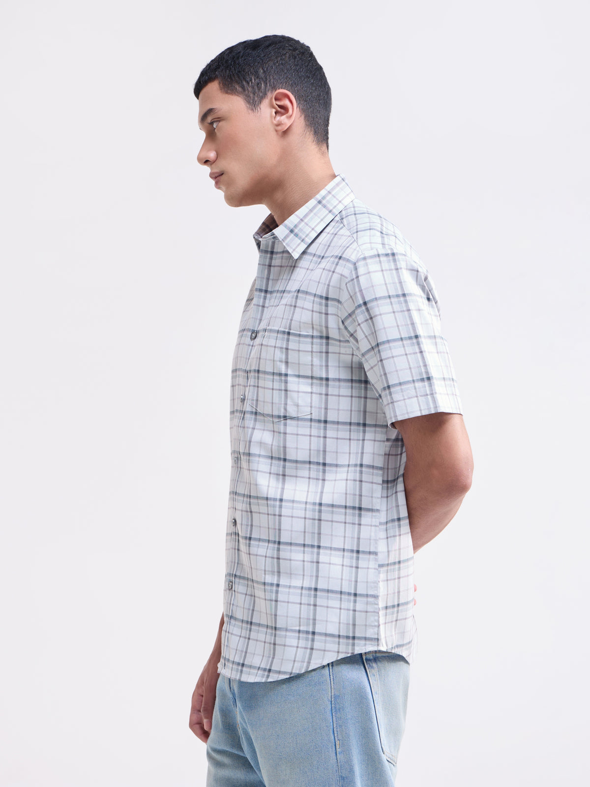 Check Half Sleeve Cotton Shirt - Light Grey t4option_0