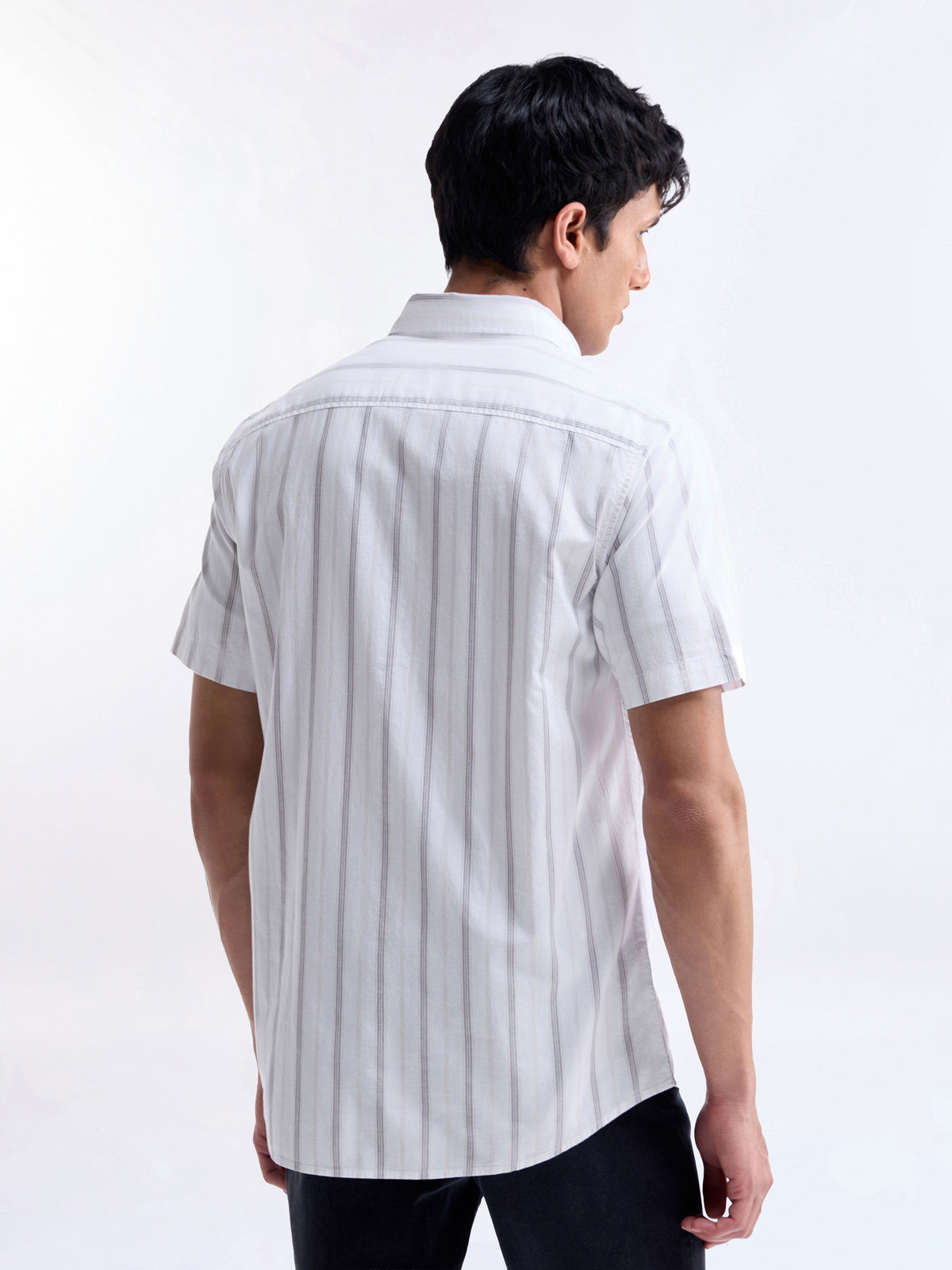 Striped Half Sleeve Cotton Shirt - Khaki t4option_0