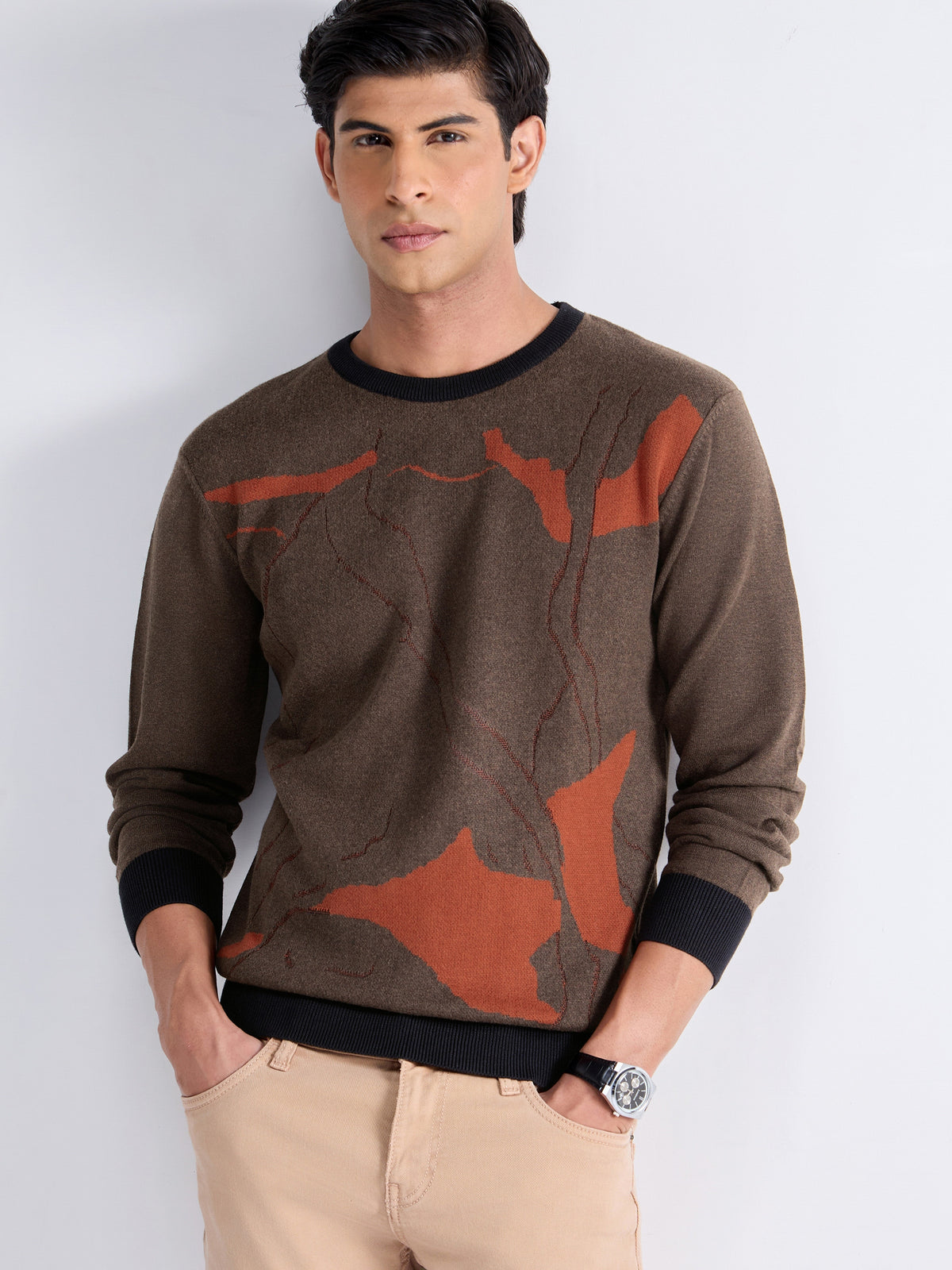 Jacquard Full Sleeve Crew Neck Sweater - Brown Mel t4option_0