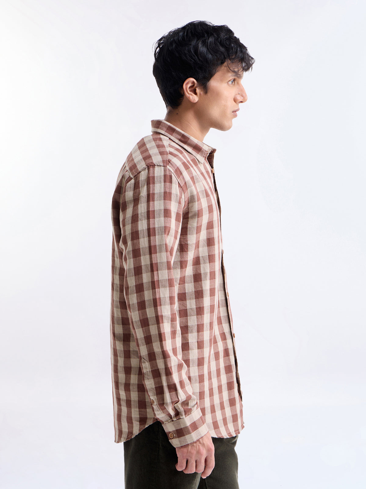 Check Full Sleeve Cotton Linen Shirt - Brown t4option_0