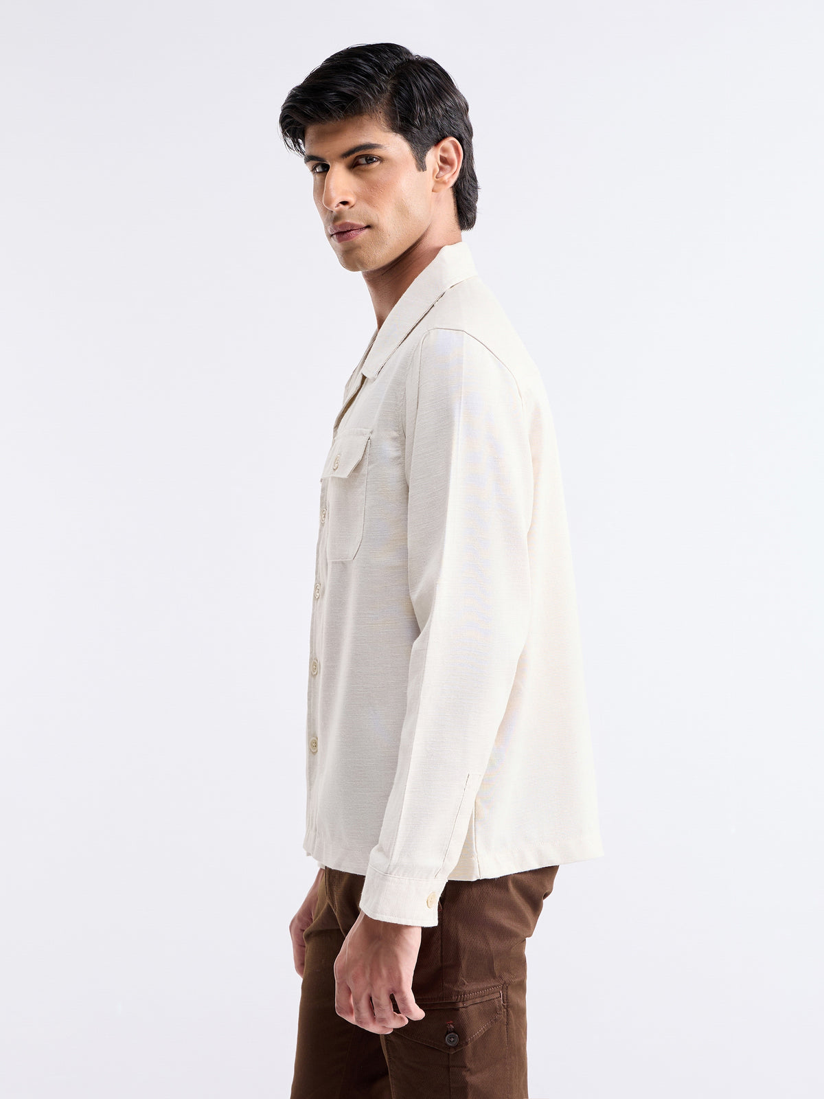 Solid Full Sleeve Shacket Jacket - Ecru t4option_0