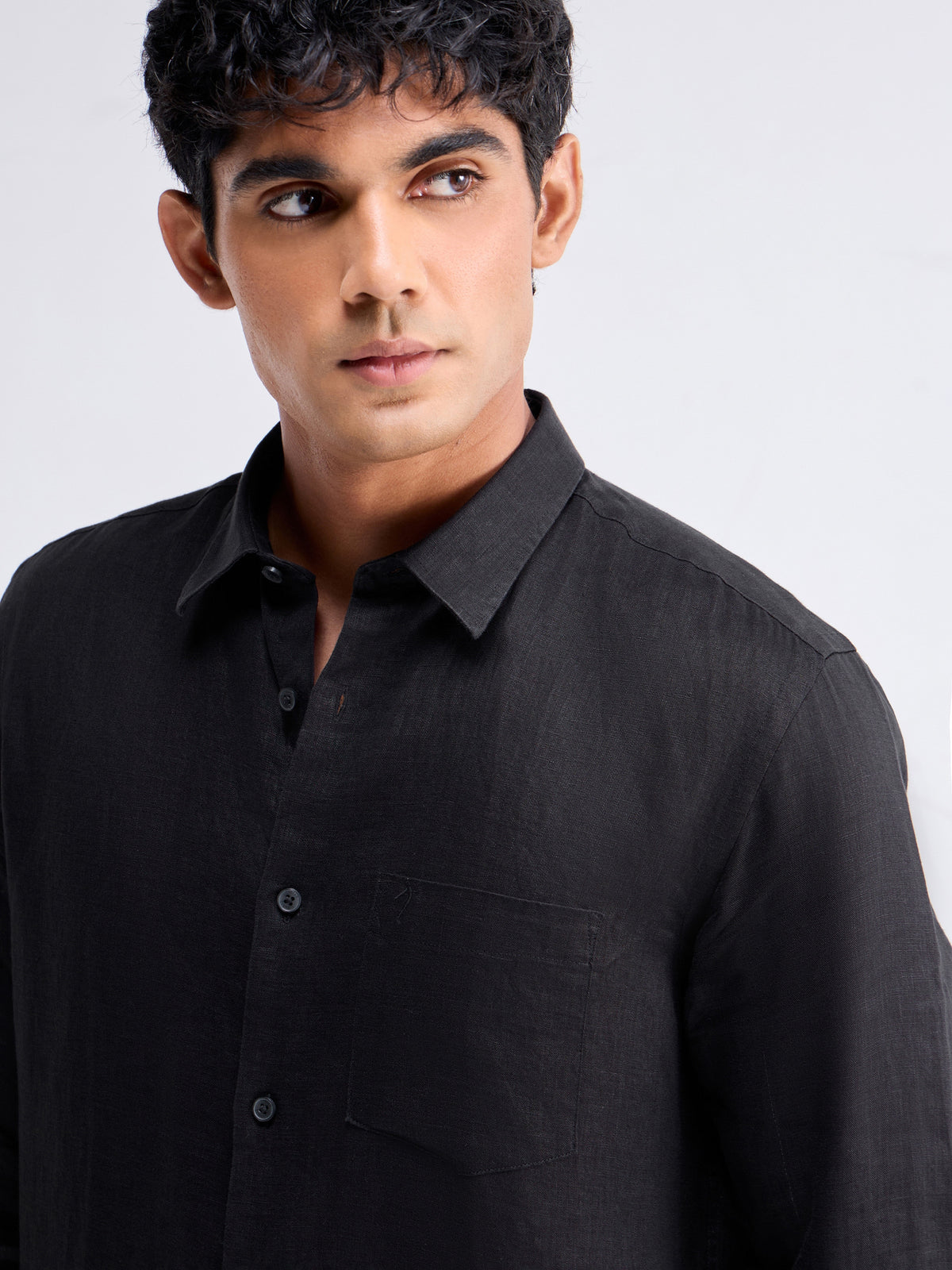 Solid Full Sleeve Linen Shirt - Black t4option_0