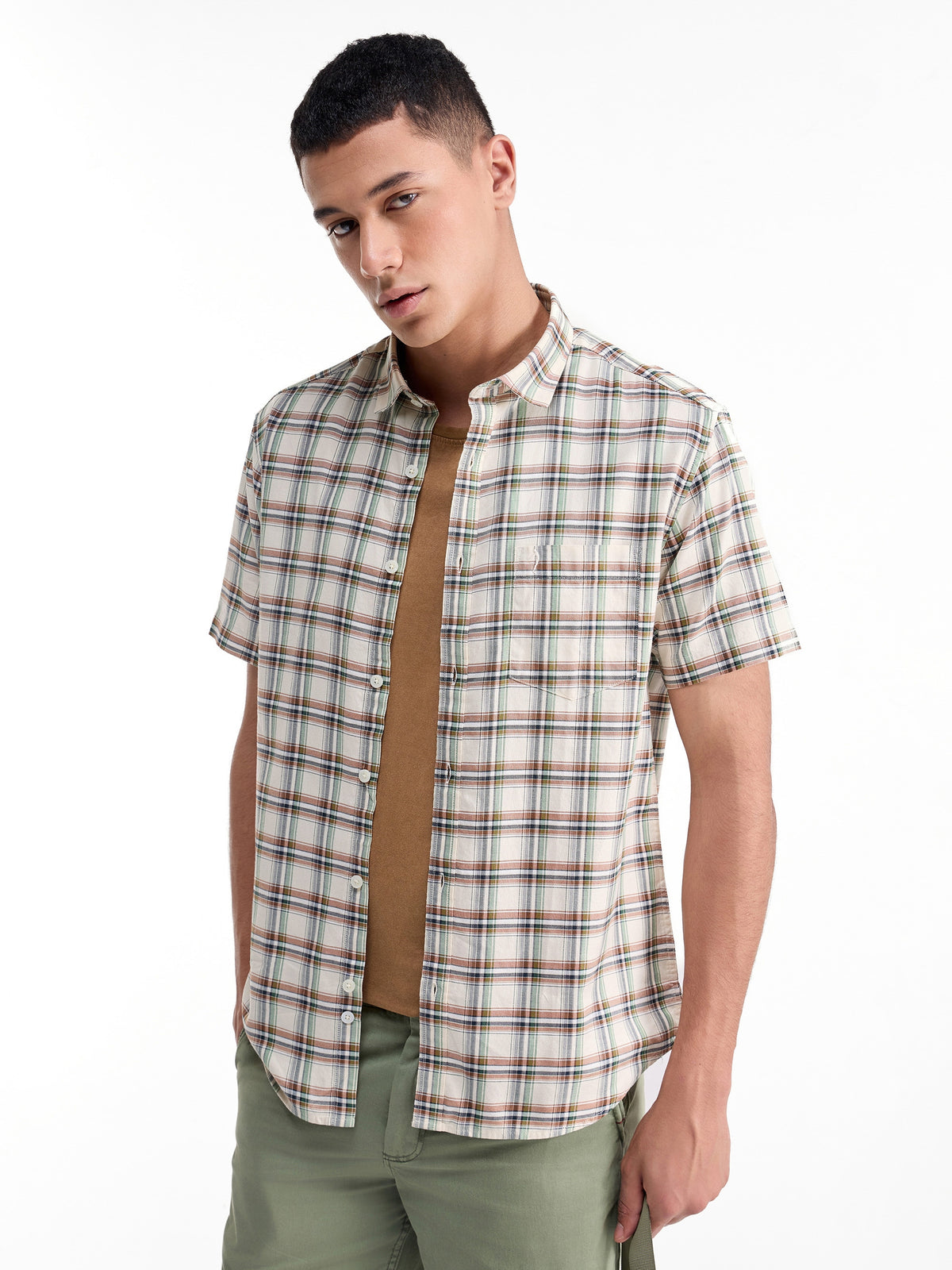 Check Half Sleeve Cotton Shirt - Ecru t4option_0