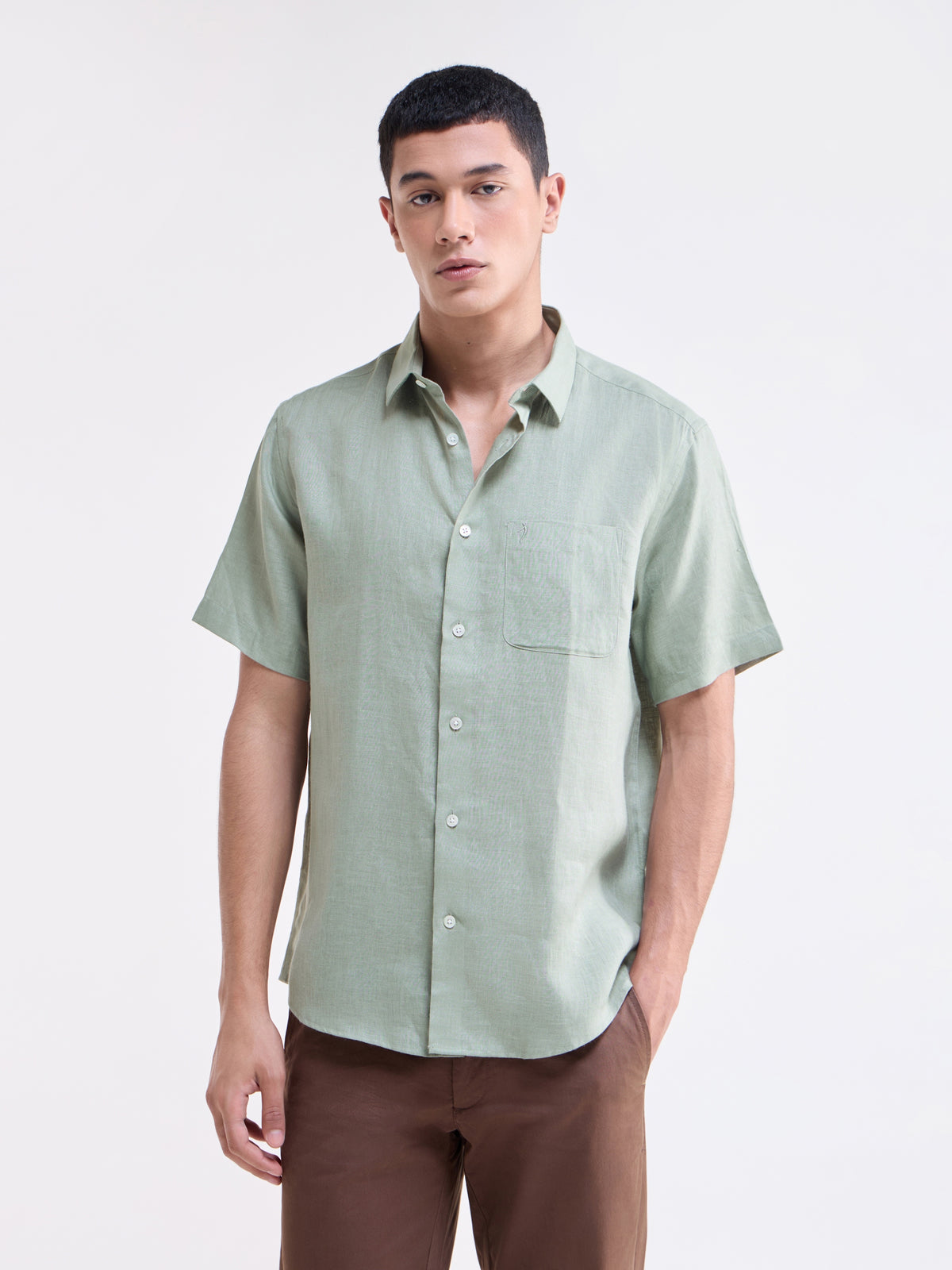 Solid Half Sleeve Linen Shirt - Green t4option_0