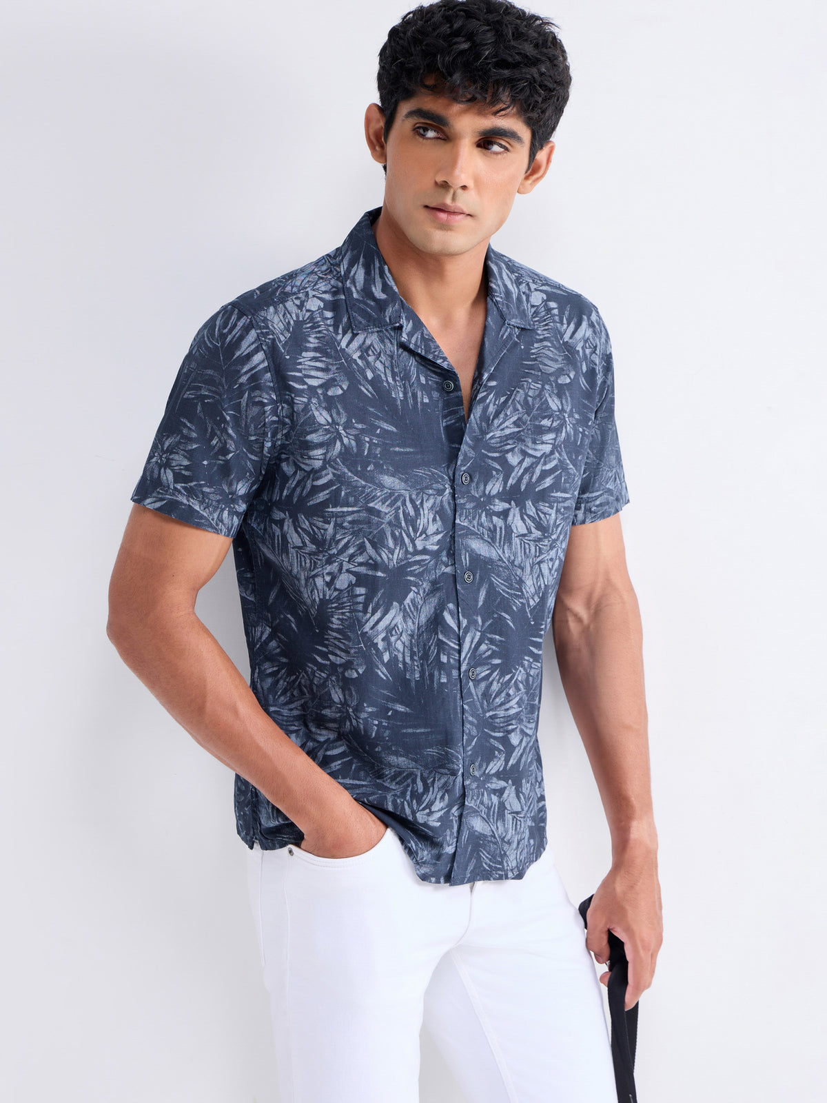 Printed Half Sleeve Cotton Shirt - Blue Ind t4option_0