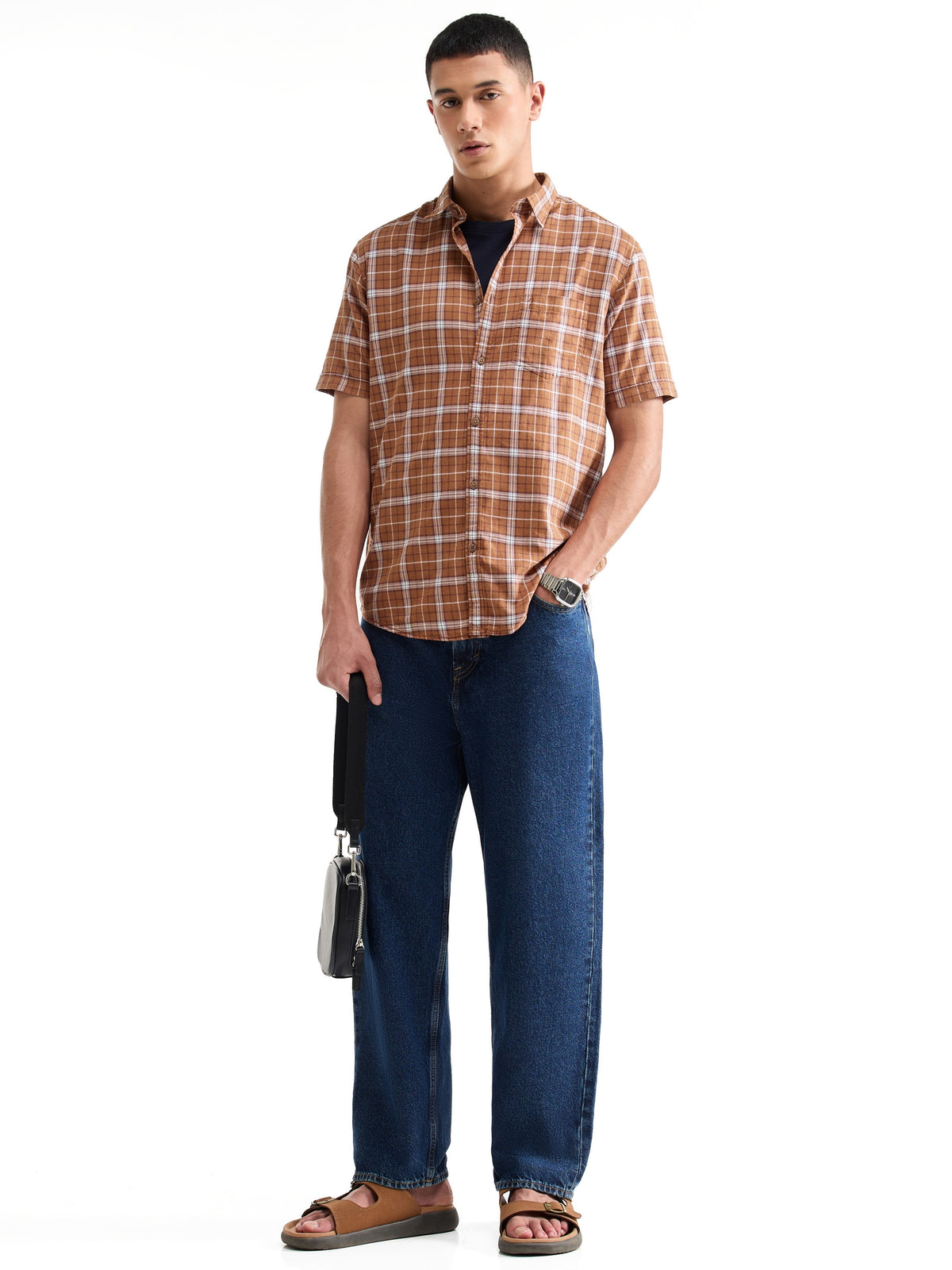 Check Half Sleeve Cotton Shirt - Rust Mel t4option_0
