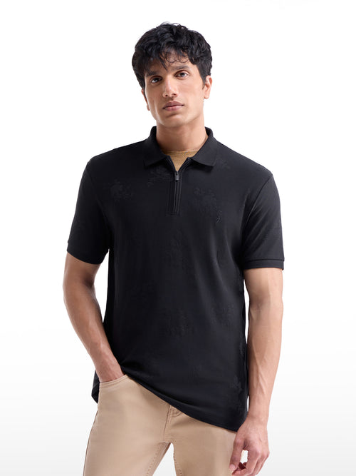 Jacquard Half Sleeve Regular Fit Polo T-Shirt - Black t4option_0
