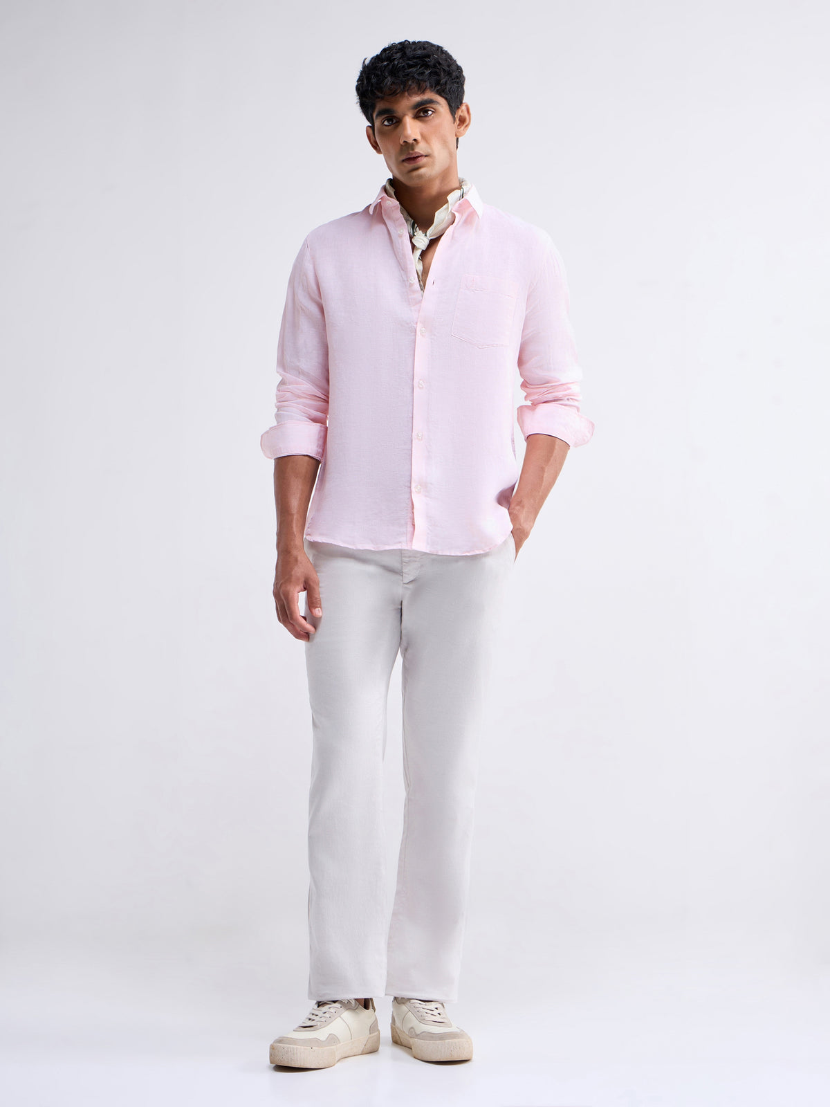 Solid Full Sleeve Linen Shirt - Pink t4option_3