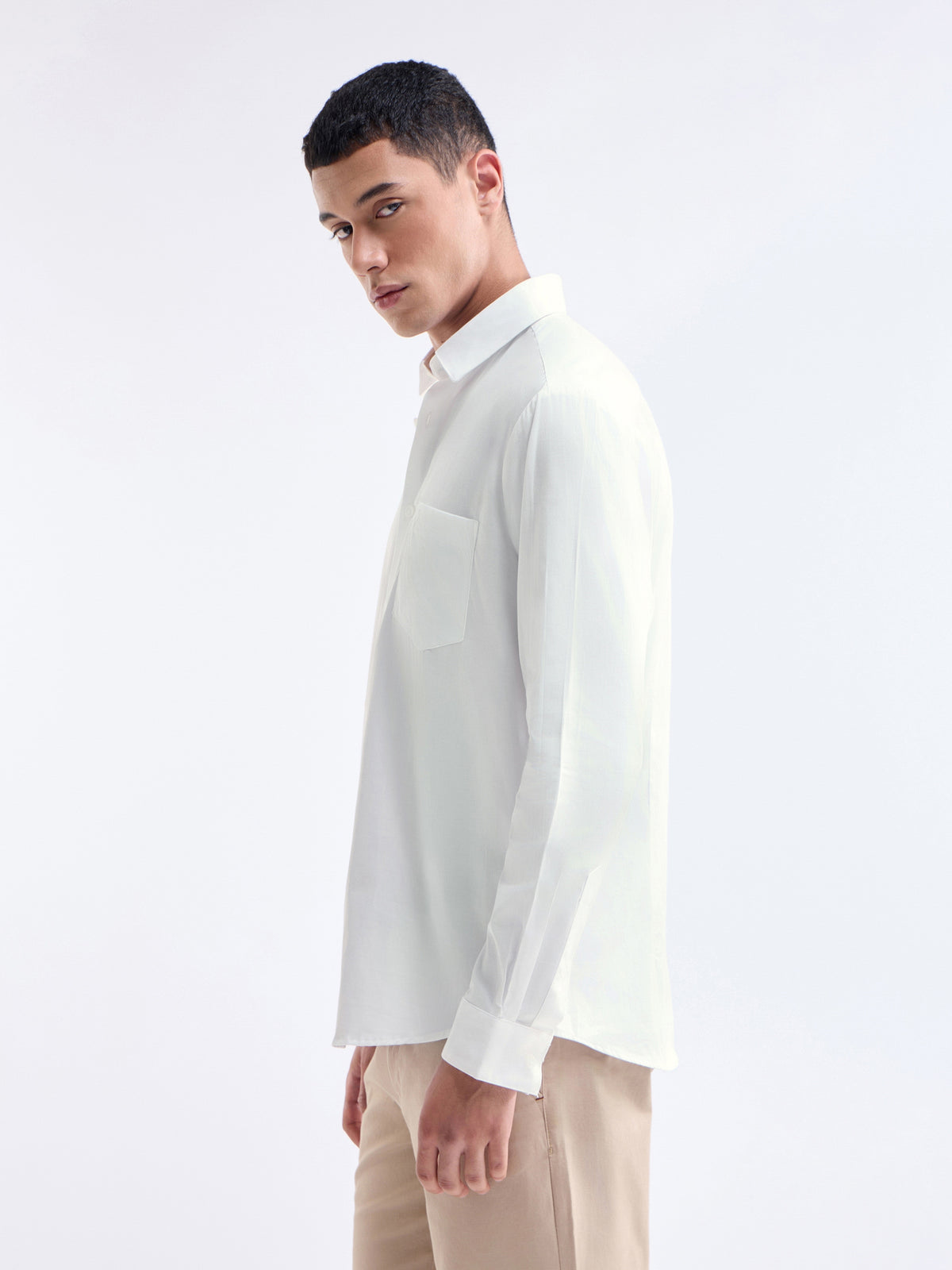 Solid Full Sleeve Cotton Stretch Shirt - White t4option_0