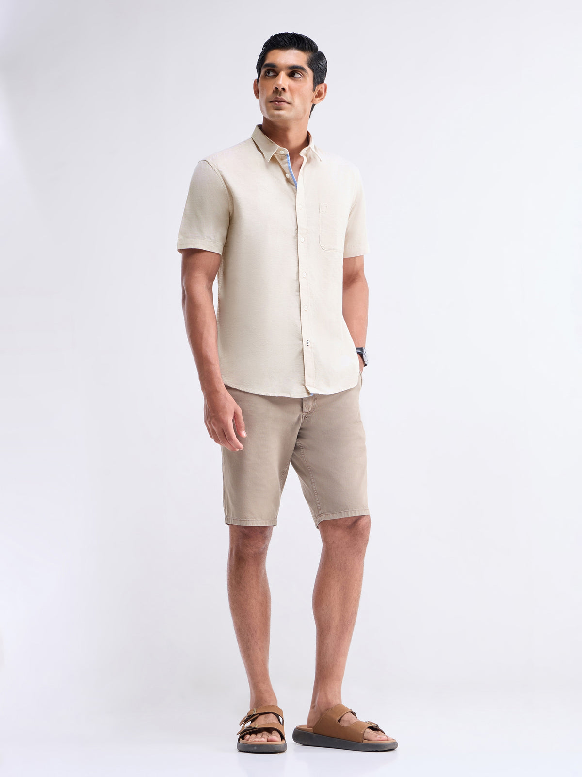 Solid Half Sleeve Cotton Stretch Shirt - Khaki t4option_0