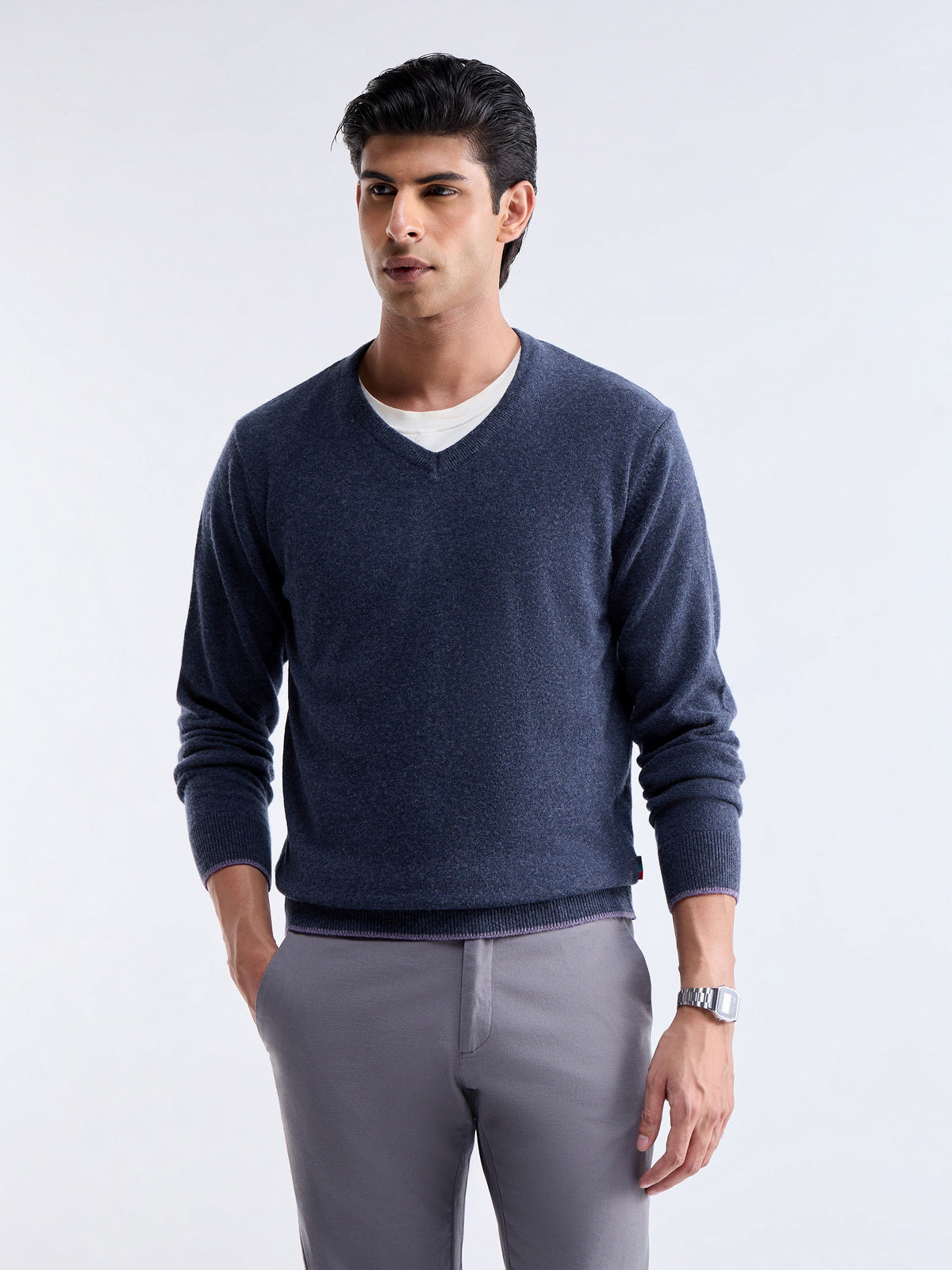 Solid Full Sleeve Crew Neck Sweater - Navy t4option_0