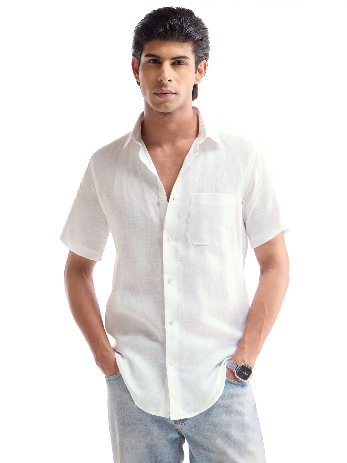 Solid Half Sleeve Linen Shirt - White t4option_4