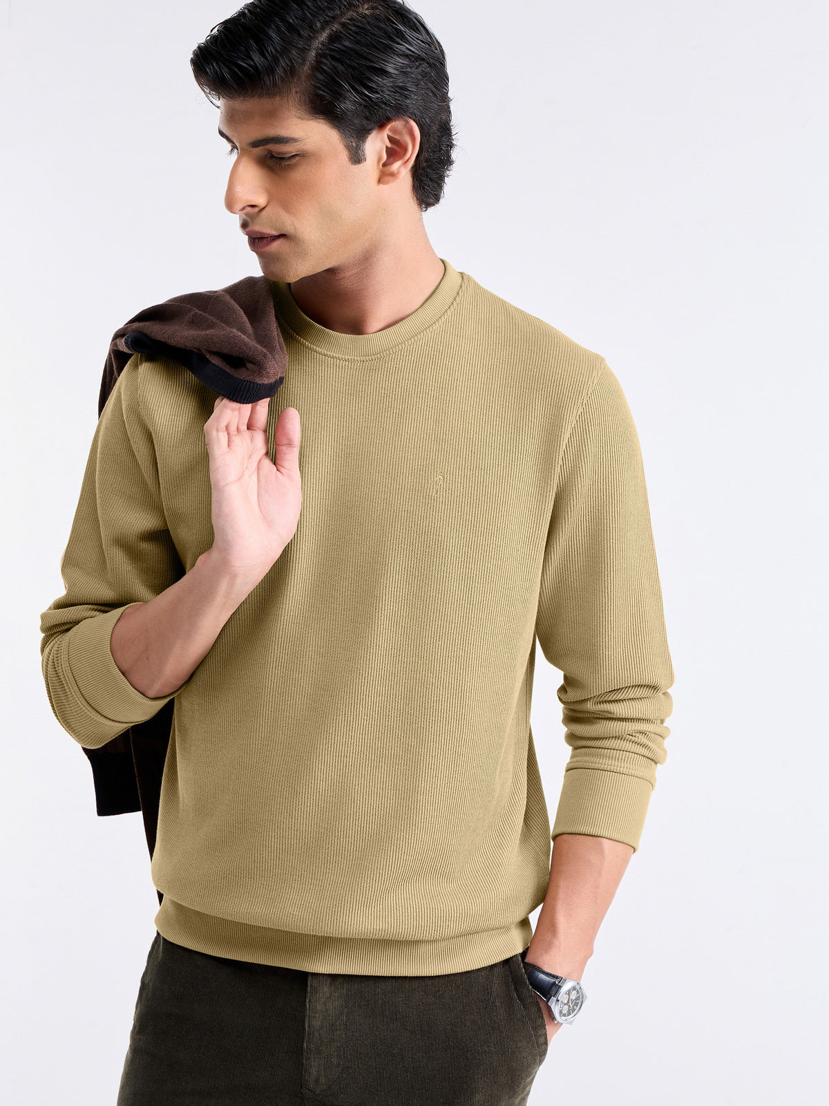 Textured Crew Neck Sweatshirt - Light Tan t4option_0