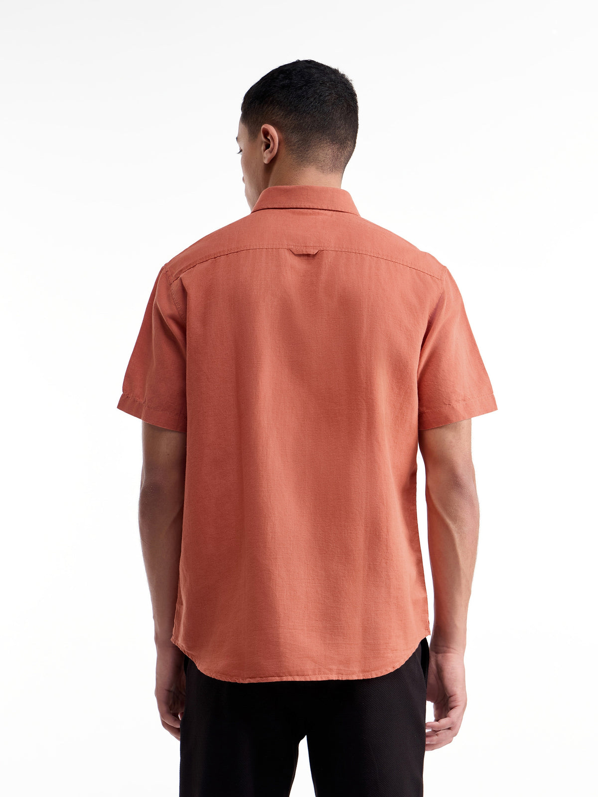 Solid Half Sleeve Cotton Linen Shirt - Rust t4option_0