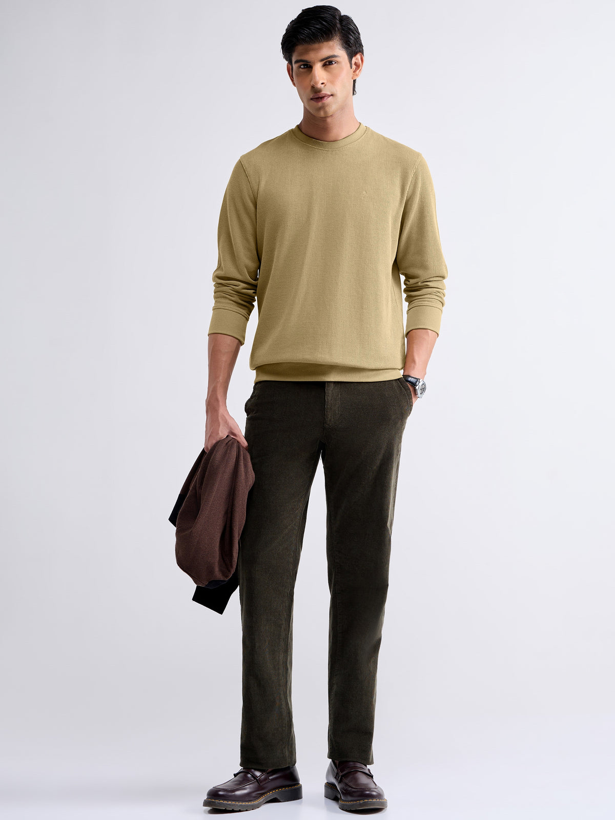 Textured Crew Neck Sweatshirt - Light Tan t4option_0