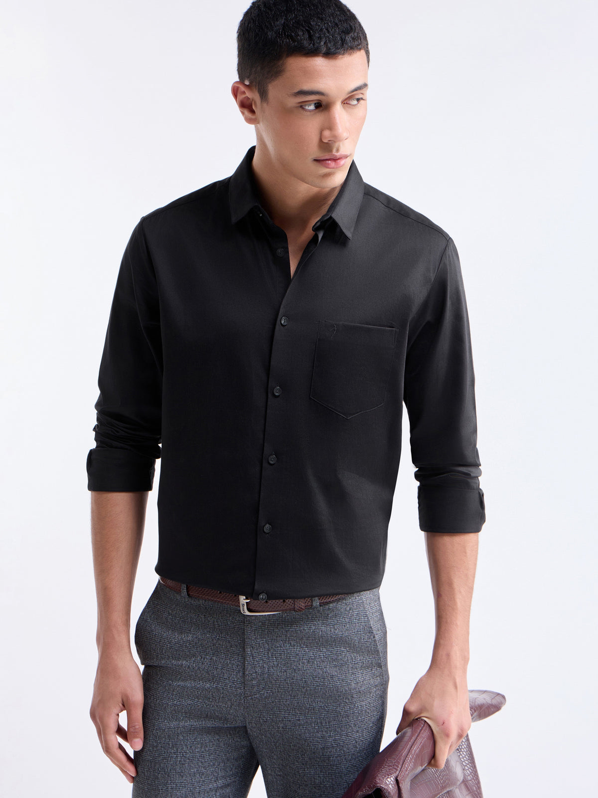 Solid Full Sleeve Cotton Stretch Shirt - Black t4option_2