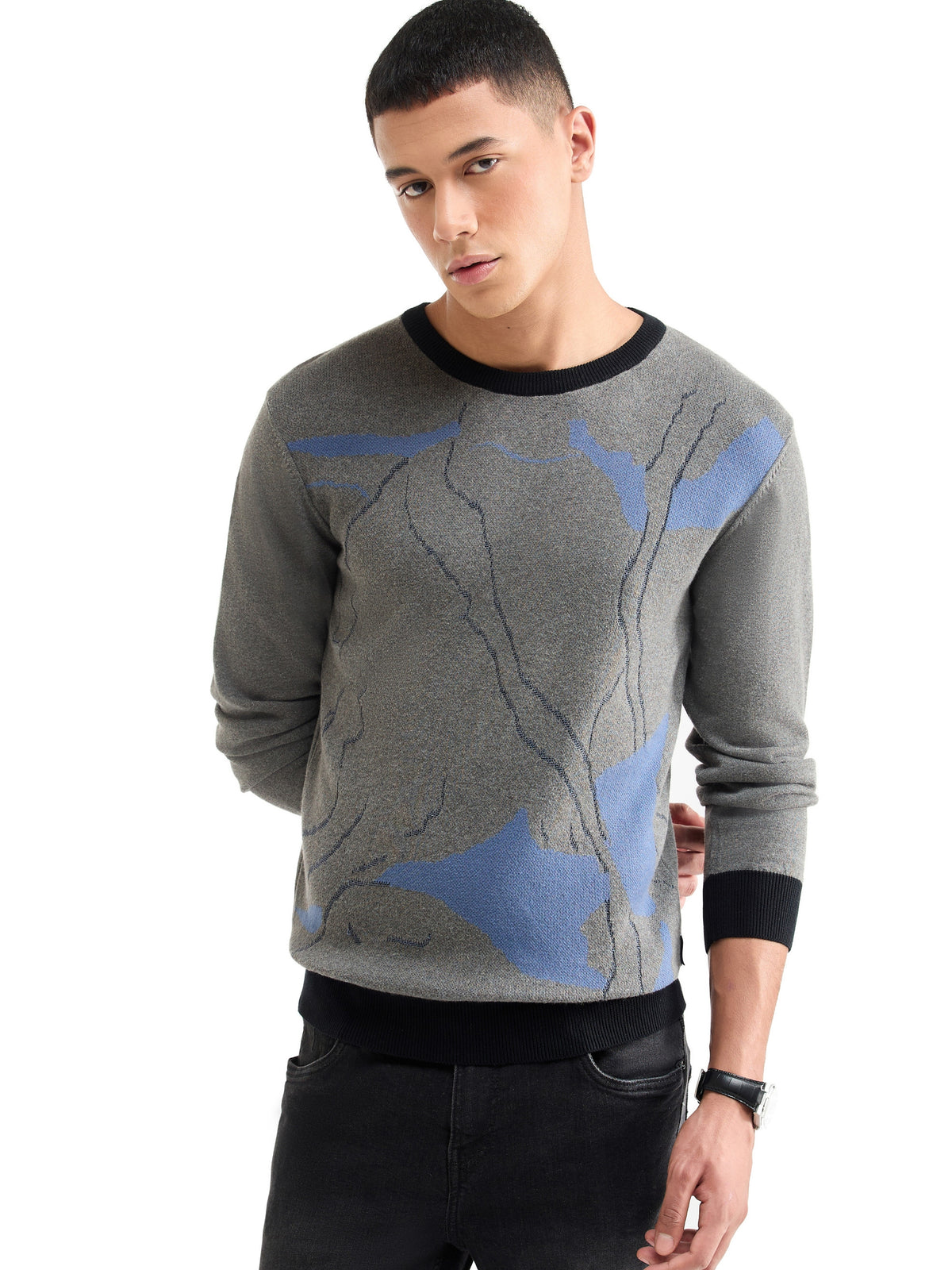 Jacquard Full Sleeve Crew Neck Sweater - Grey Mel t4option_1