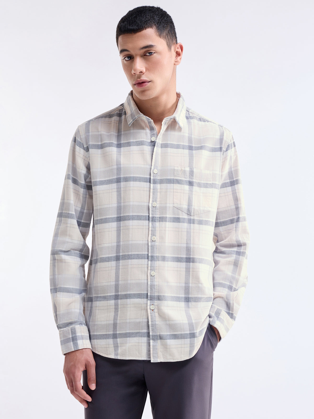 Check Full Sleeve Cotton Shirt - Ecru t4option_0