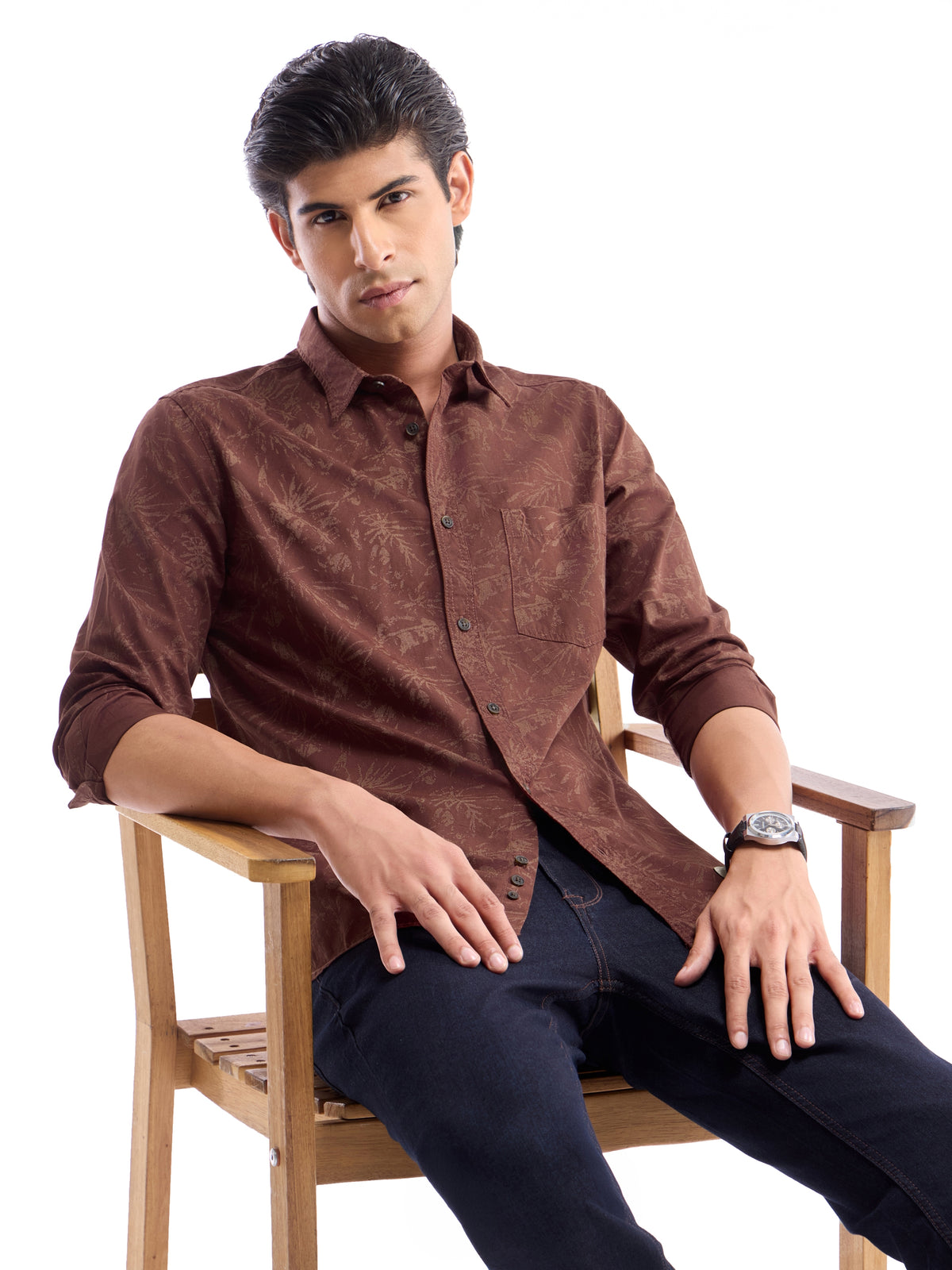 Printed Full Sleeve Cotton Shirt - Brown t4option_0