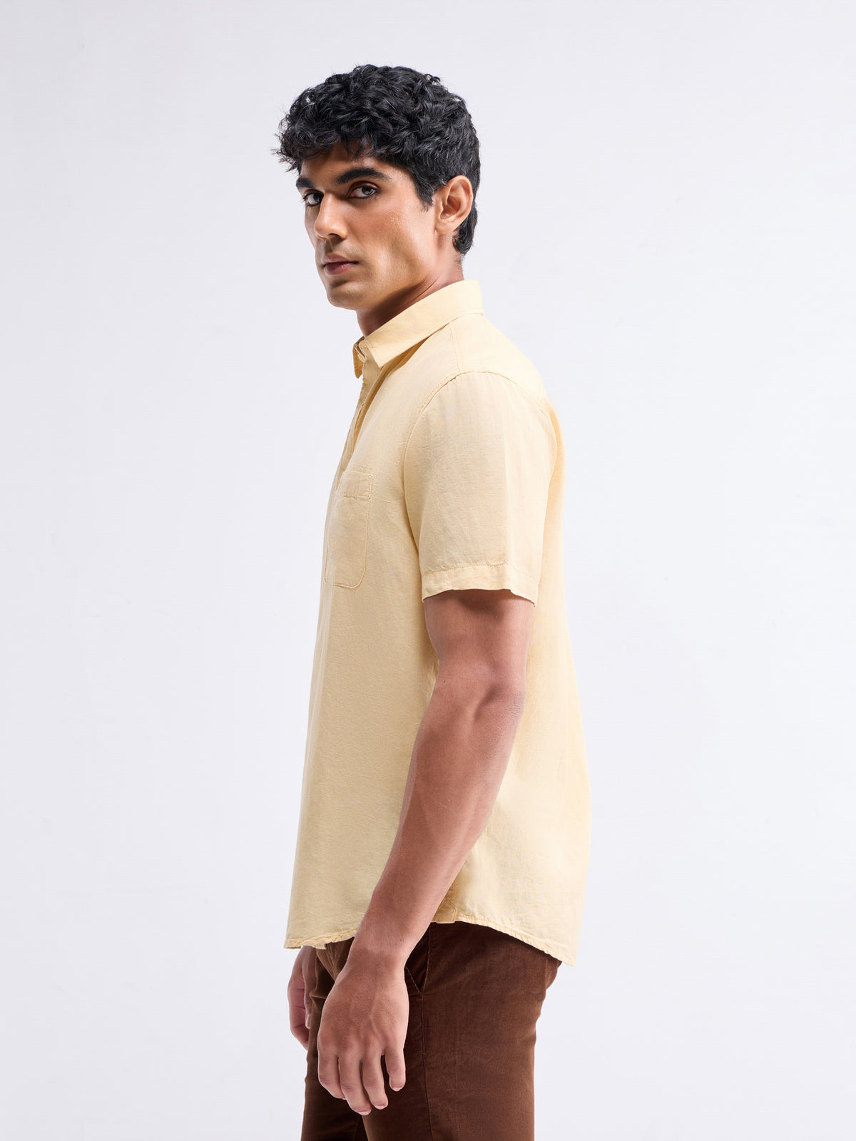 Solid Half Sleeve Cotton Linen Shirt - Khaki t4option_1
