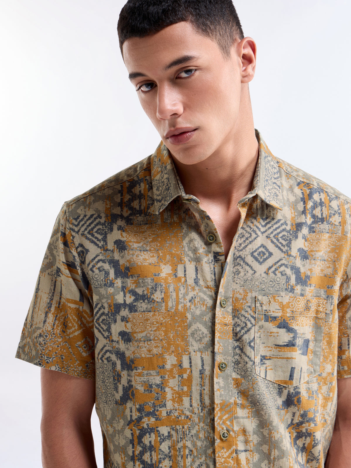 Printed Half Sleeve Cotton Linen Shirt - Ochre t4option_0