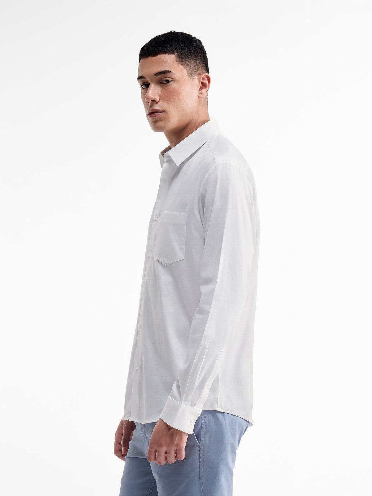 Solid Full Sleeve Cotton Stretch Shirt - White t4option_1