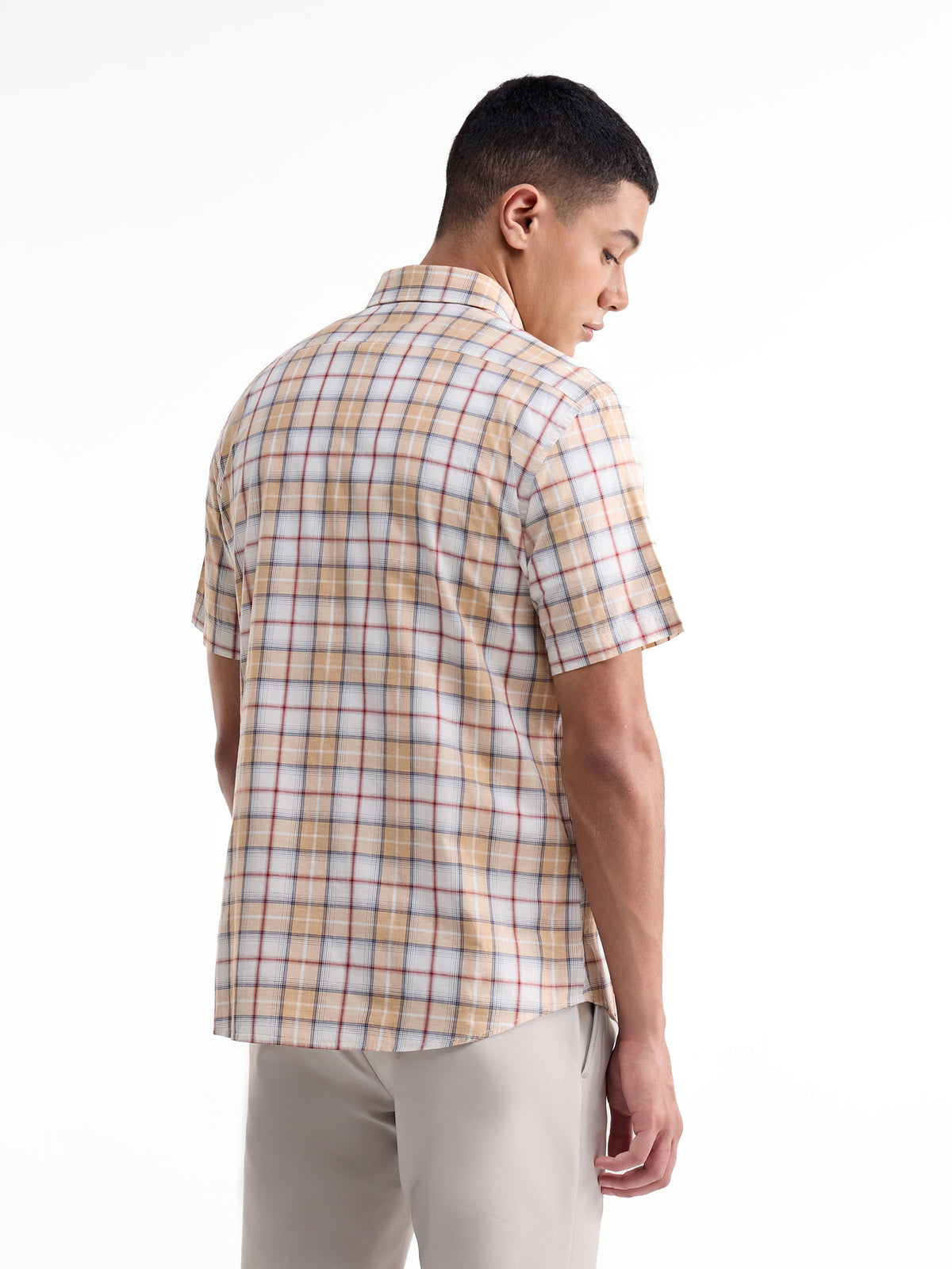 Check Half Sleeve Cotton Shirt - Khaki t4option_0