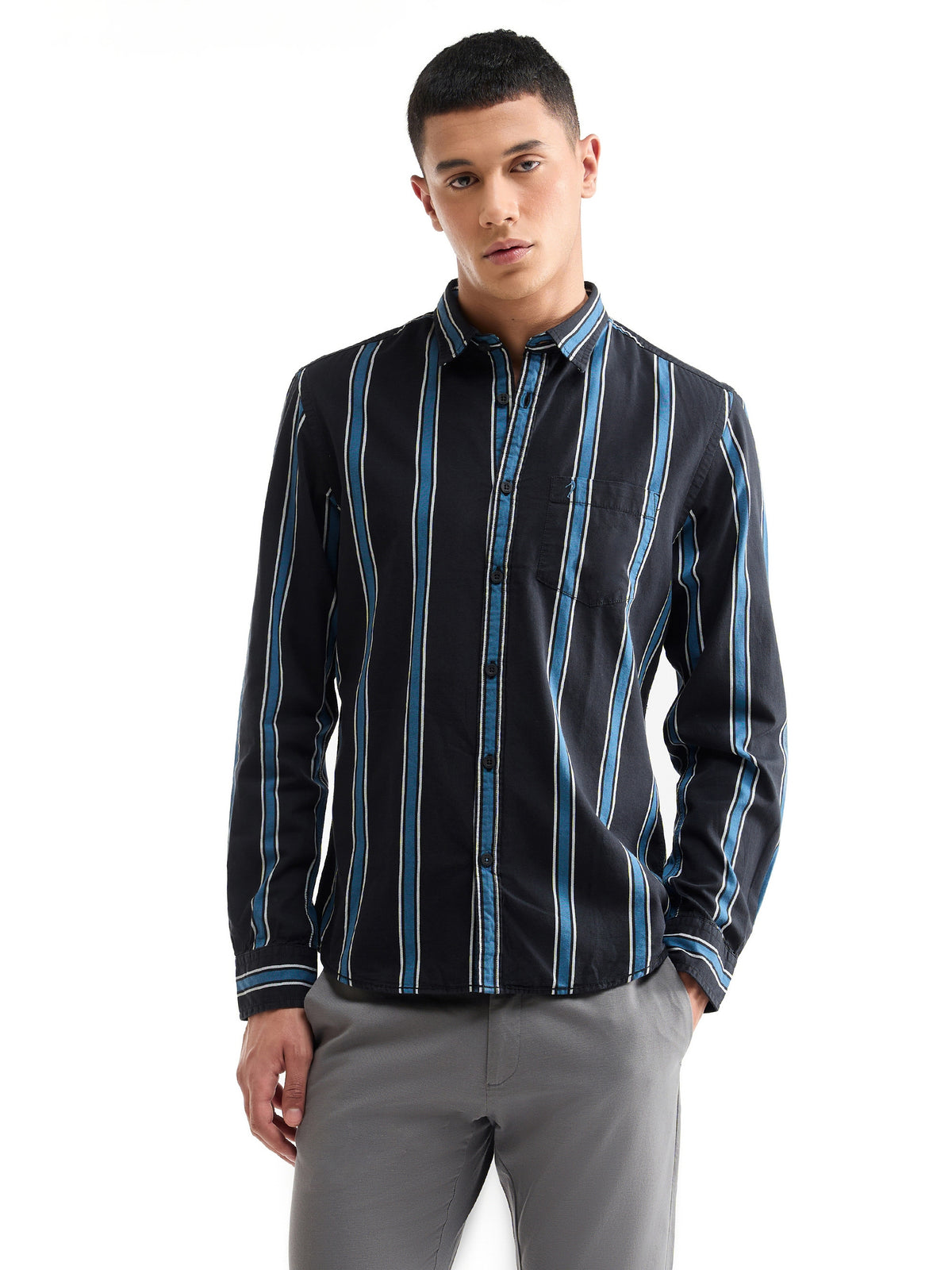 Striped Full Sleeve Cotton Shirt - Black t4option_0