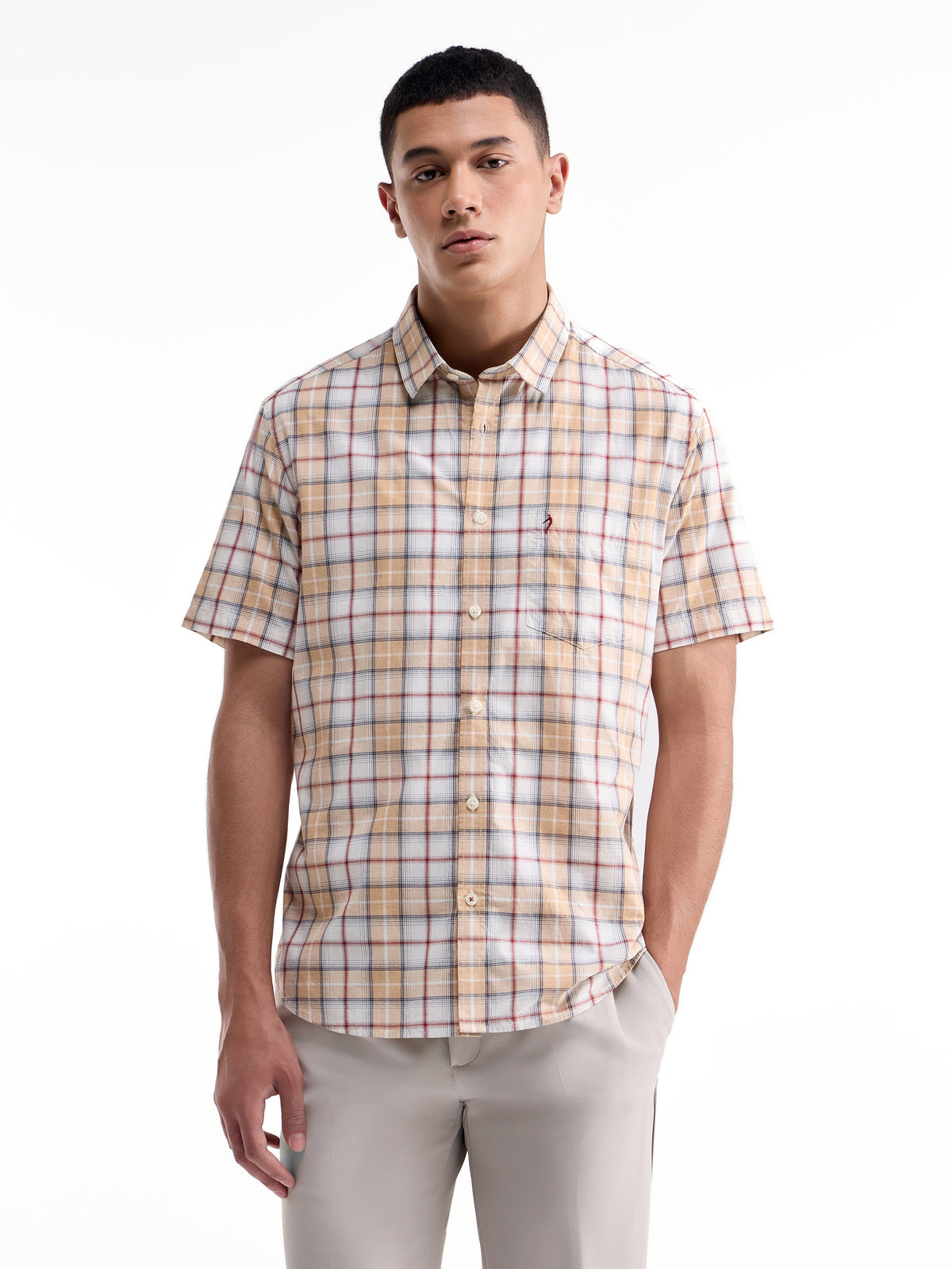 Check Half Sleeve Cotton Shirt - Khaki t4option_0