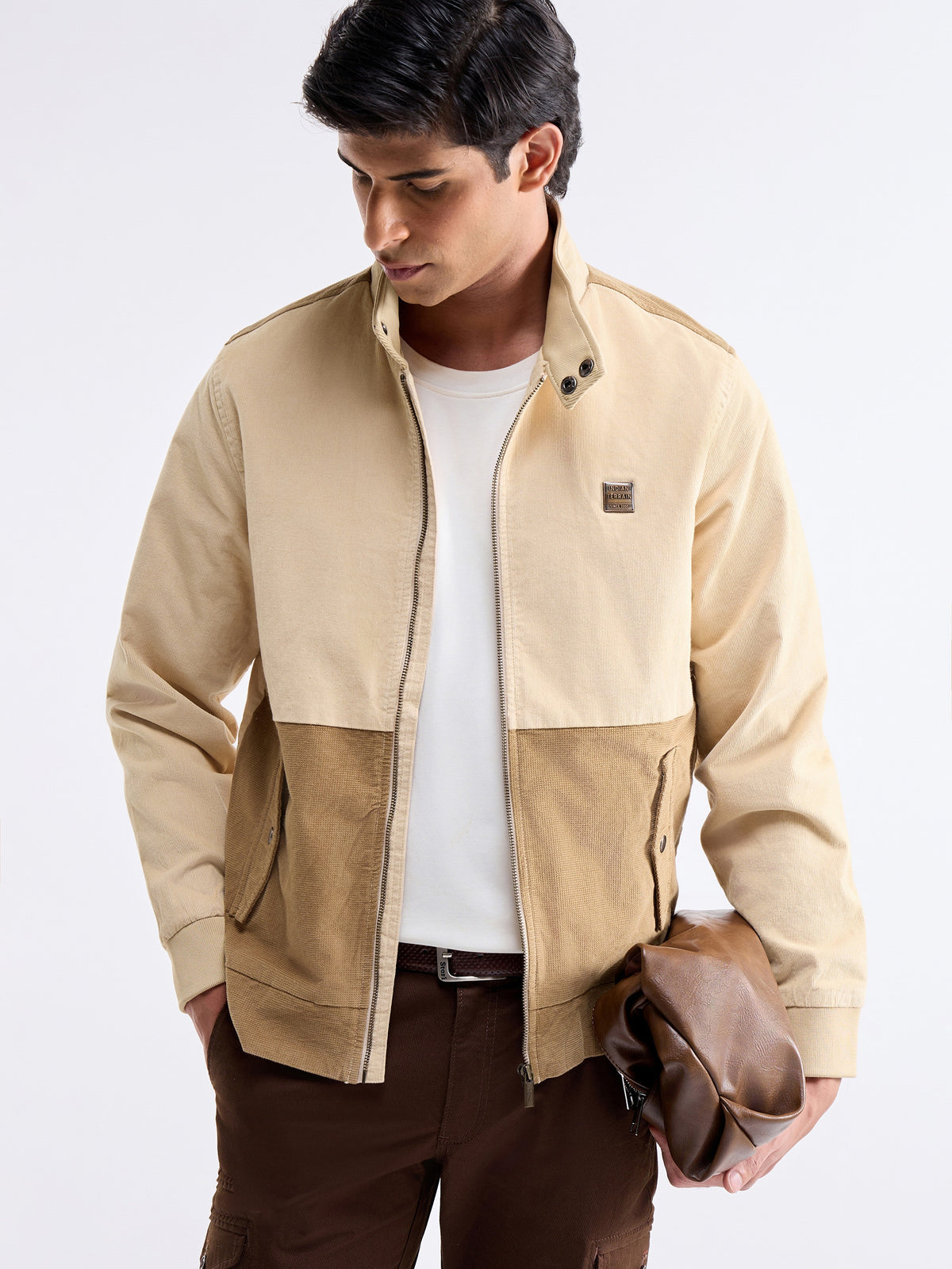 Solid Full Sleeve Bomber Jacket - Ecru t4option_0