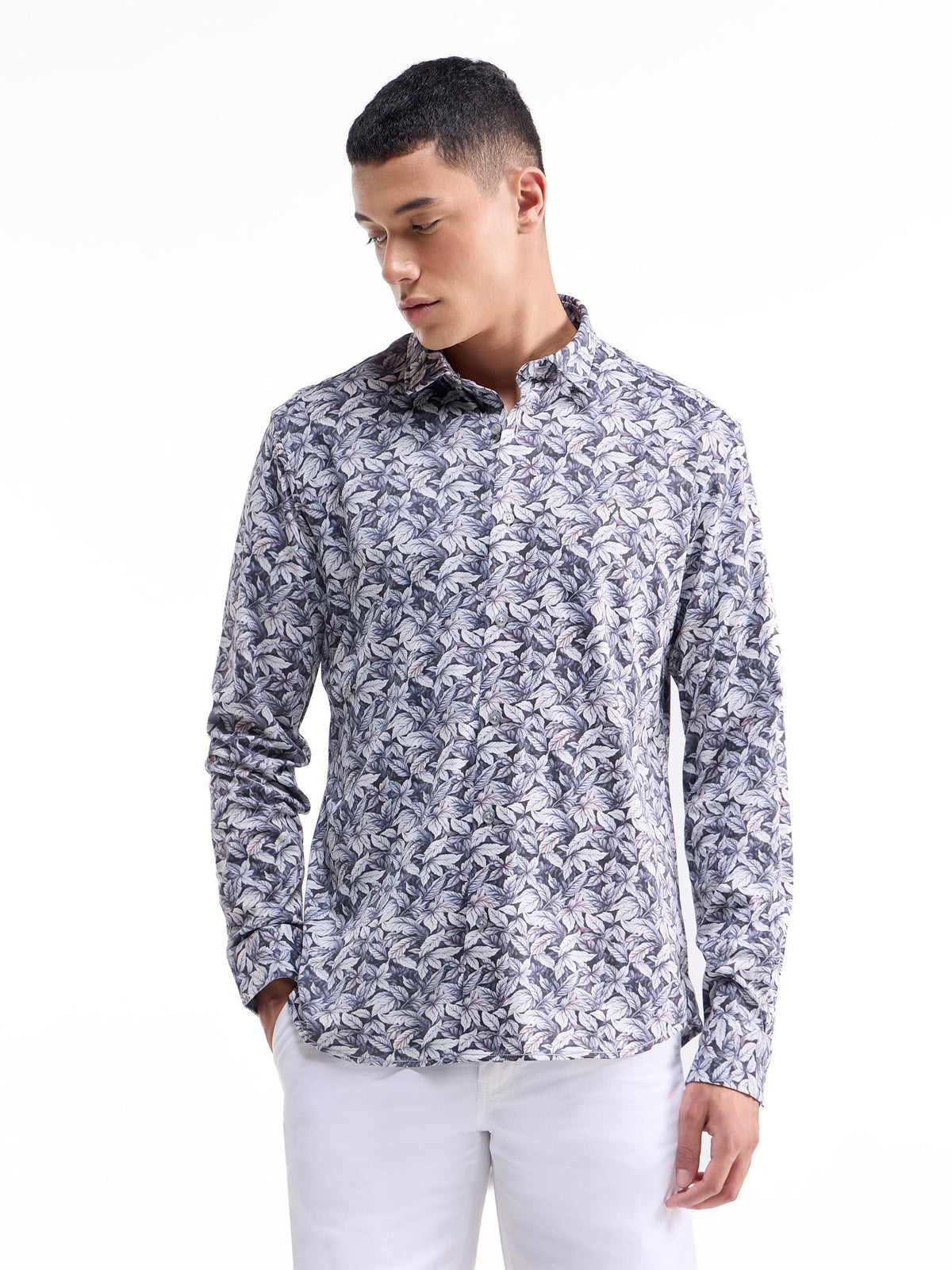 Printed Full Sleeve Cotton Shirt - Grey t4option_0