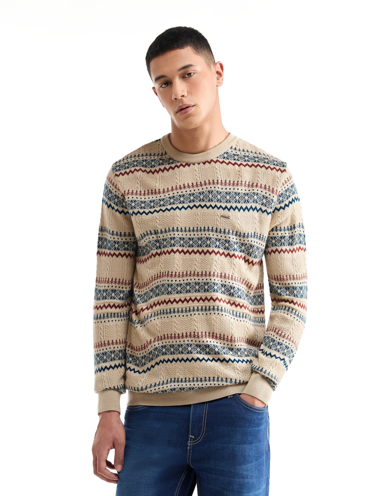 Jacquard Full Sleeve Jumper Sweater - Ecru t4option_0