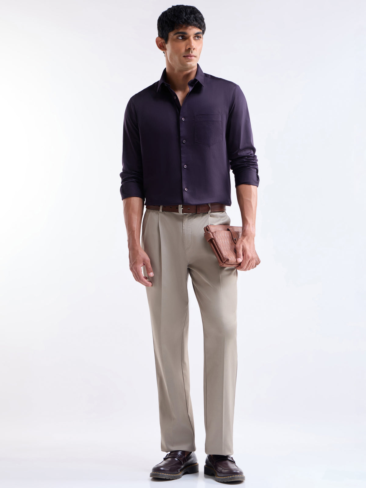 Solid Full Sleeve Cotton Stretch Shirt - Plum t4option_0