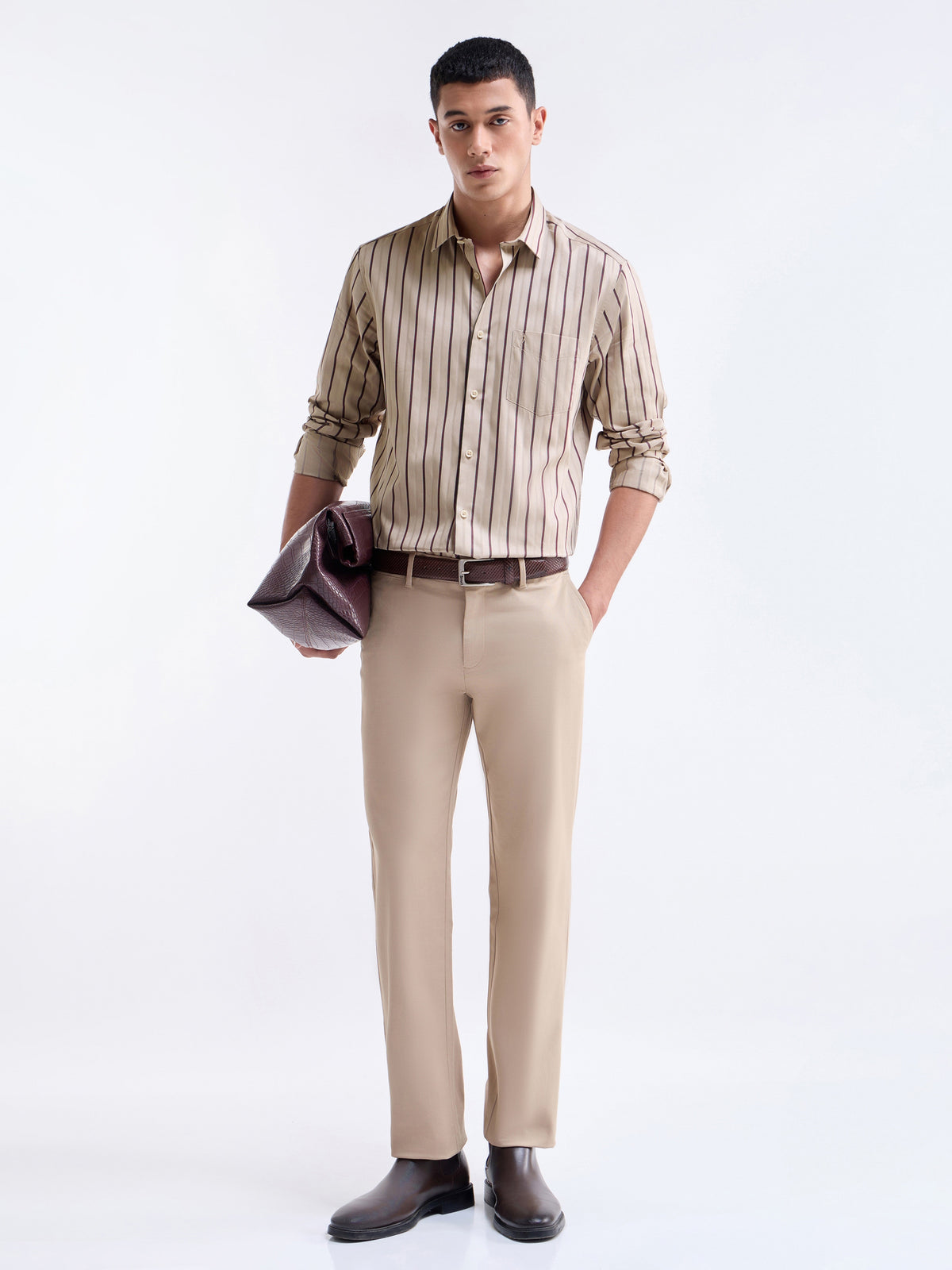 Striped Full Sleeve Cotton Shirt - Beige t4option_0