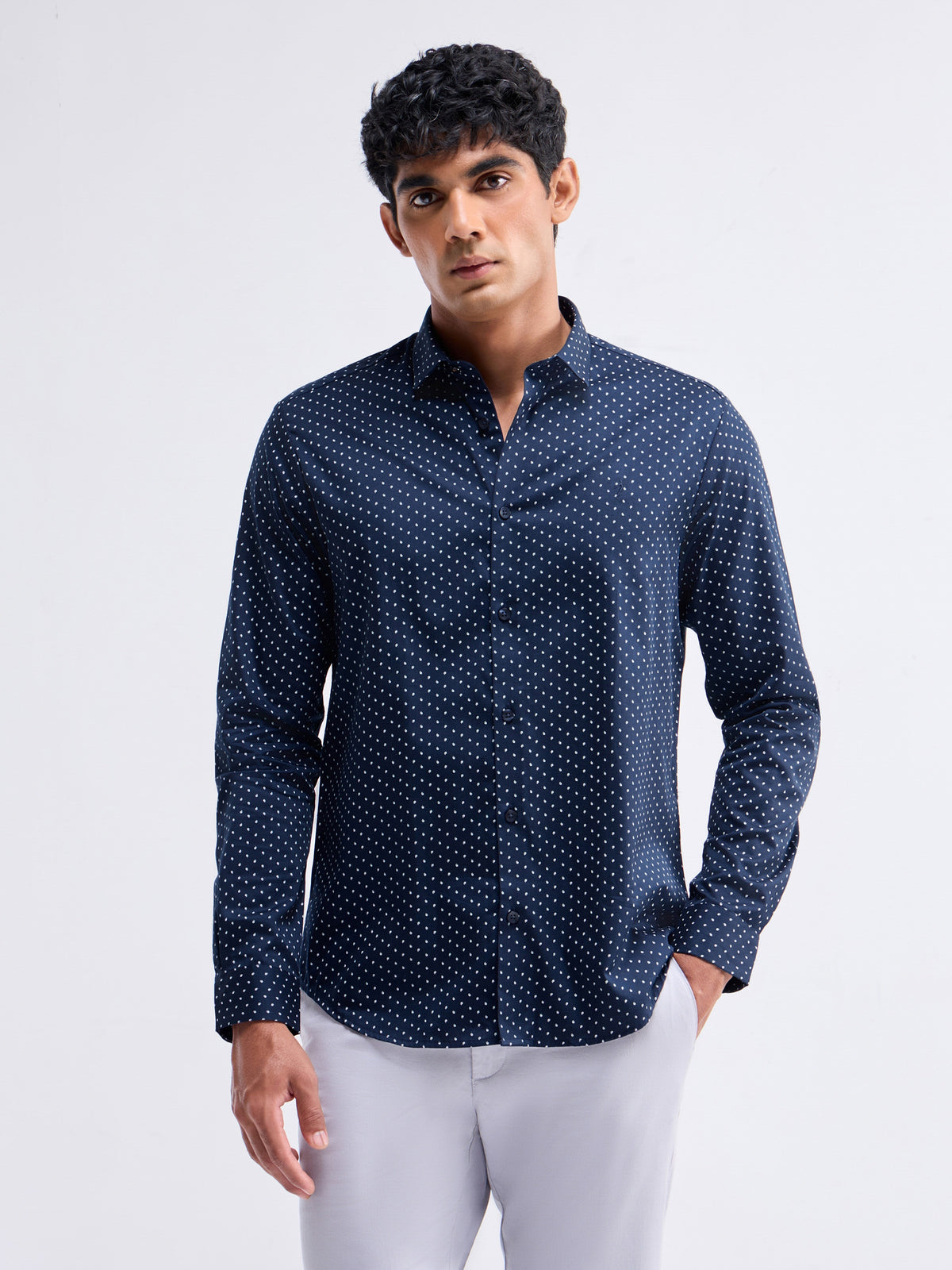Printed Full Sleeve Cotton Shirt - Navy t4option_0