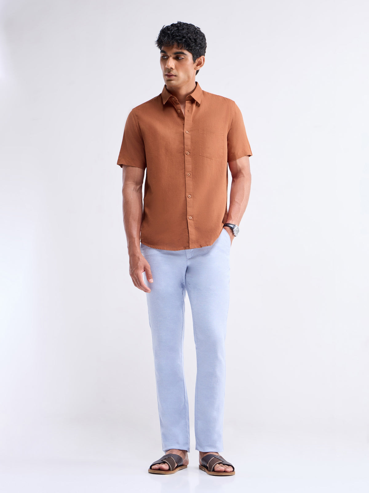 Solid Half Sleeve Cotton Blend Shirt - Rust t4option_0